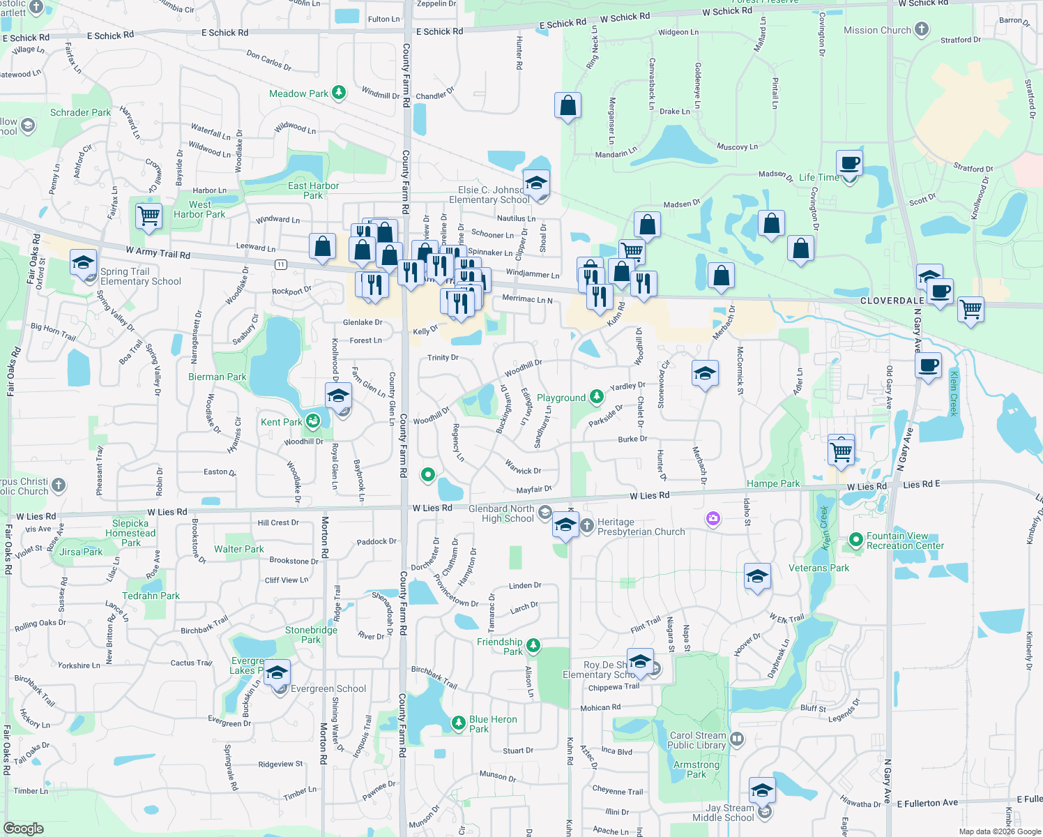 map of restaurants, bars, coffee shops, grocery stores, and more near 1120 Edington Lane in Carol Stream