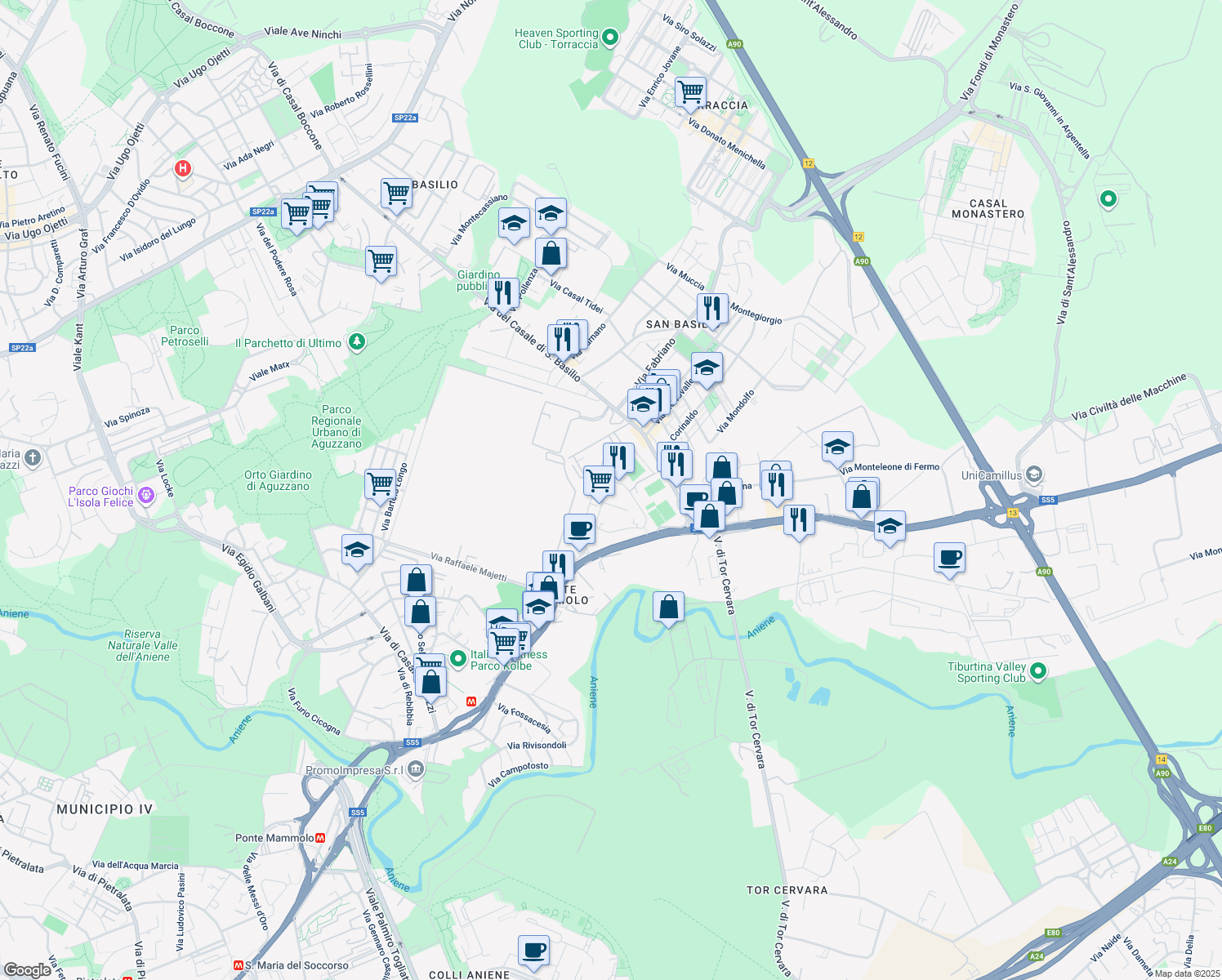 map of restaurants, bars, coffee shops, grocery stores, and more near 115 Via Giuseppe Rosaccio in Roma