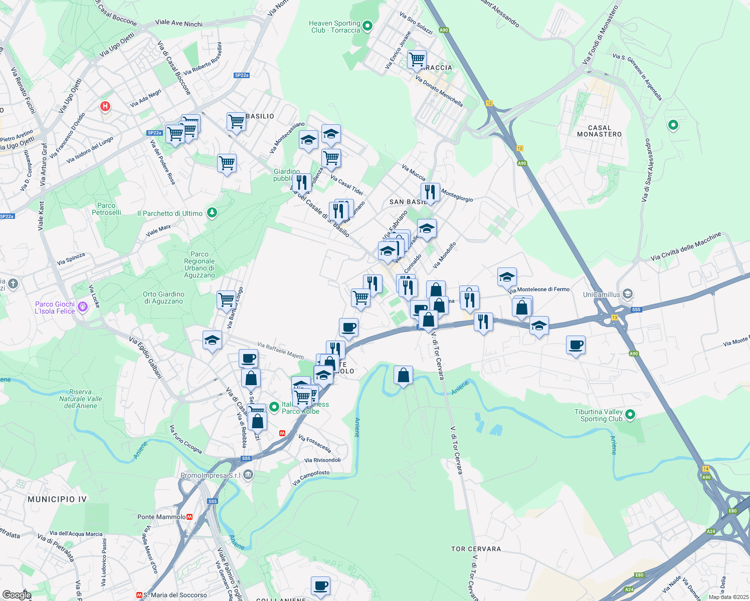 map of restaurants, bars, coffee shops, grocery stores, and more near 115 Via Giuseppe Rosaccio in Roma