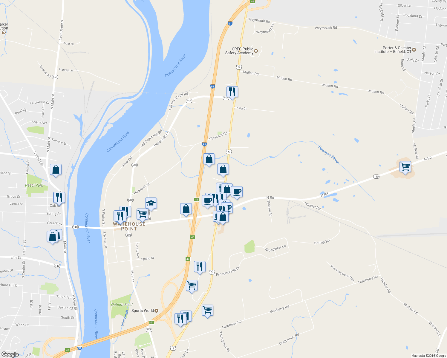 map of restaurants, bars, coffee shops, grocery stores, and more near 10 Prospect Hill Terrace in East Windsor