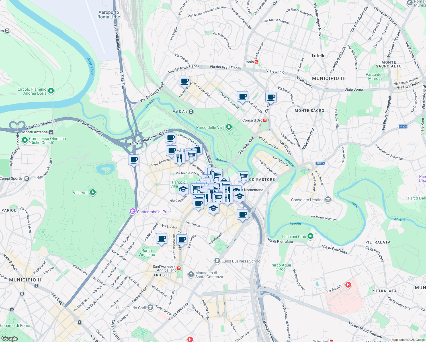 map of restaurants, bars, coffee shops, grocery stores, and more near Circonvallazione Salaria in Roma