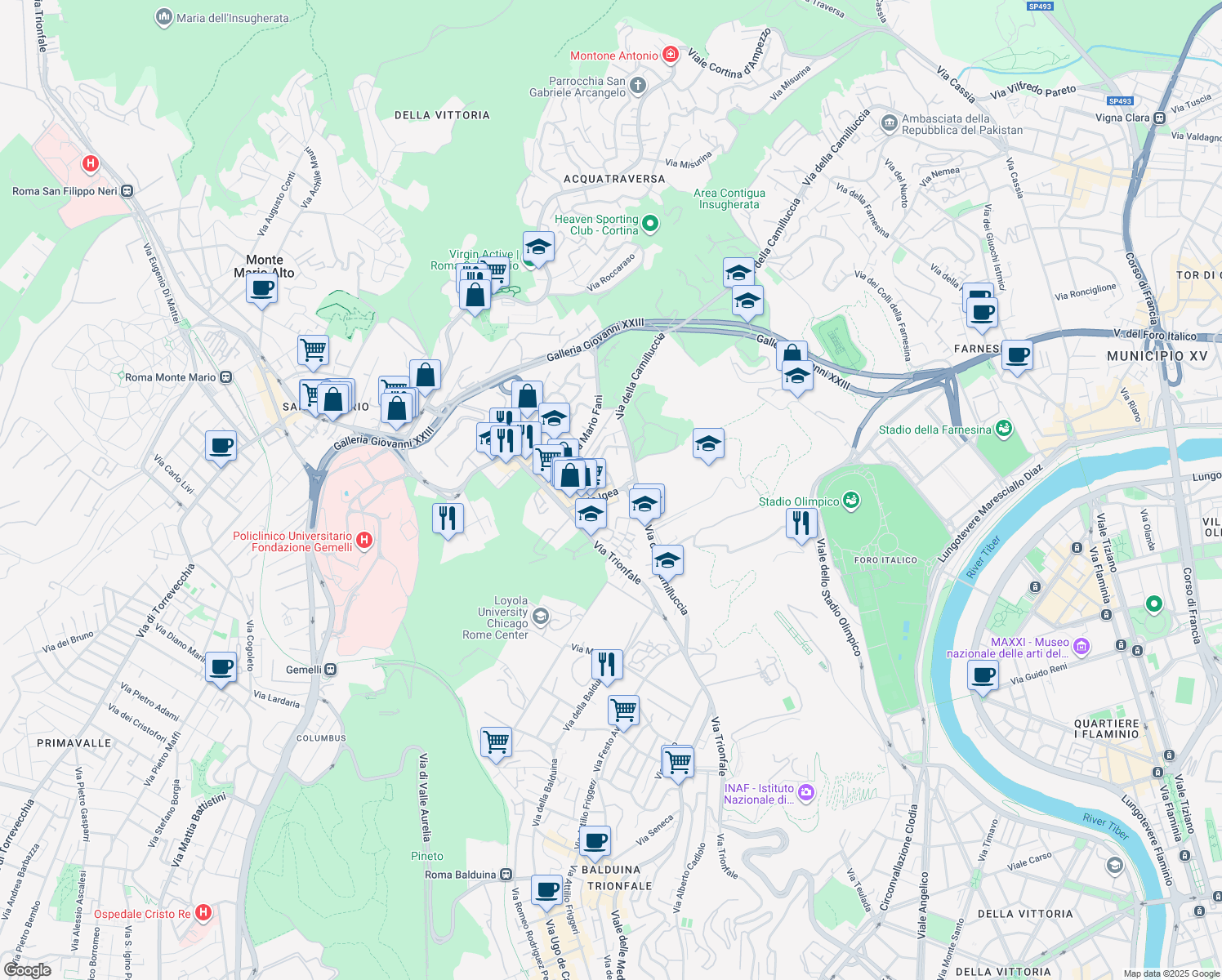 map of restaurants, bars, coffee shops, grocery stores, and more near 6 Via Bernardo Blumenstihl in Roma
