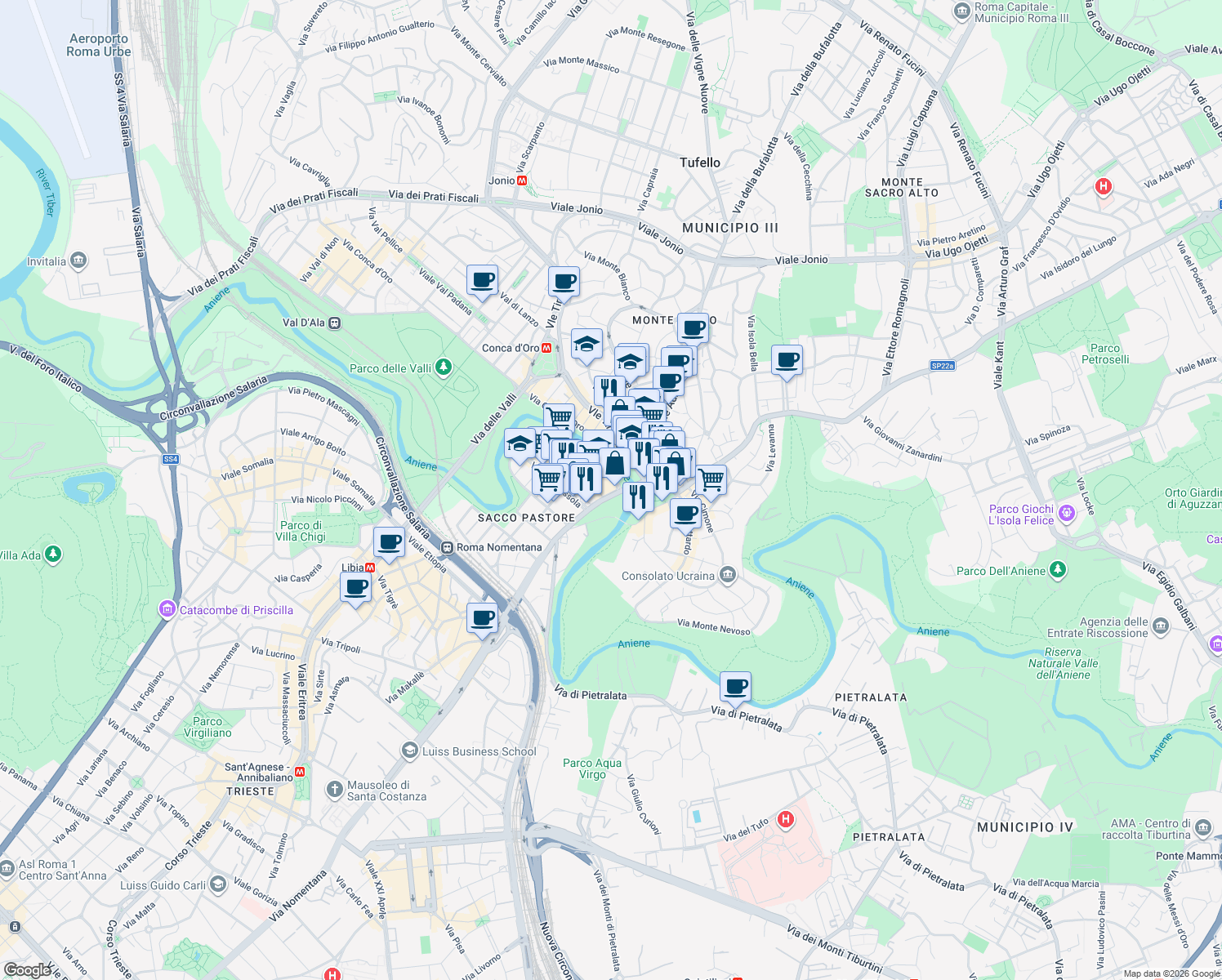 map of restaurants, bars, coffee shops, grocery stores, and more near 19 Via Valsolda in Rome