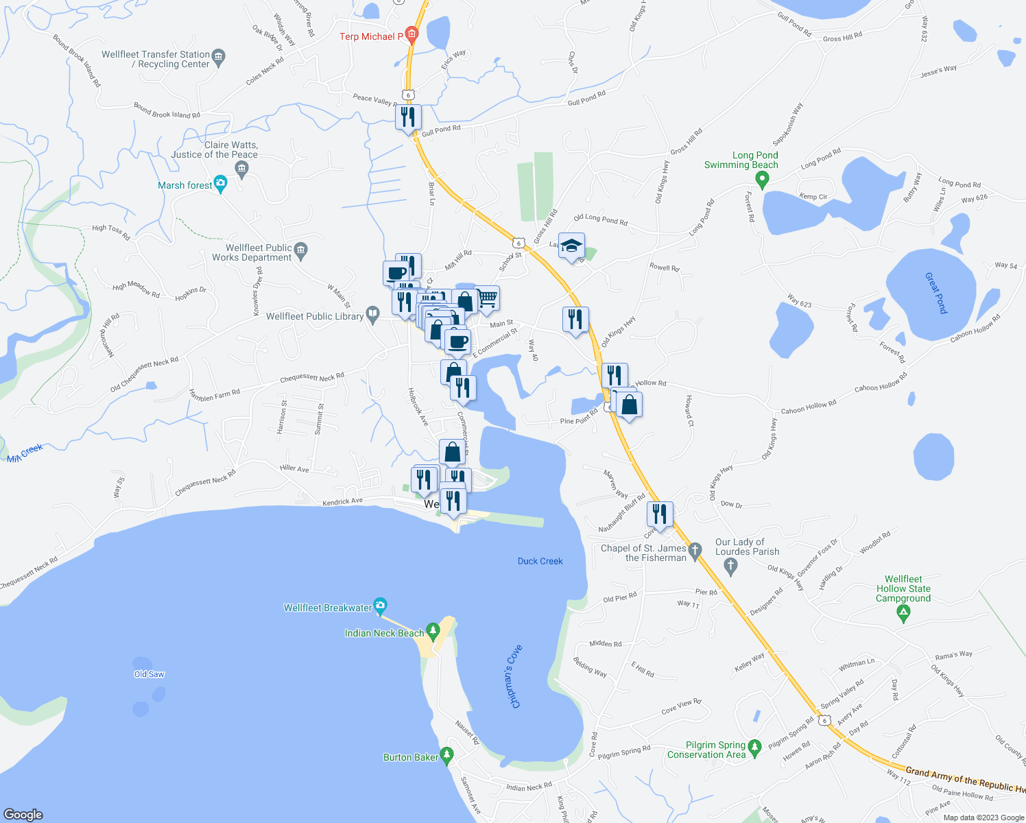 map of restaurants, bars, coffee shops, grocery stores, and more near in Wellfleet