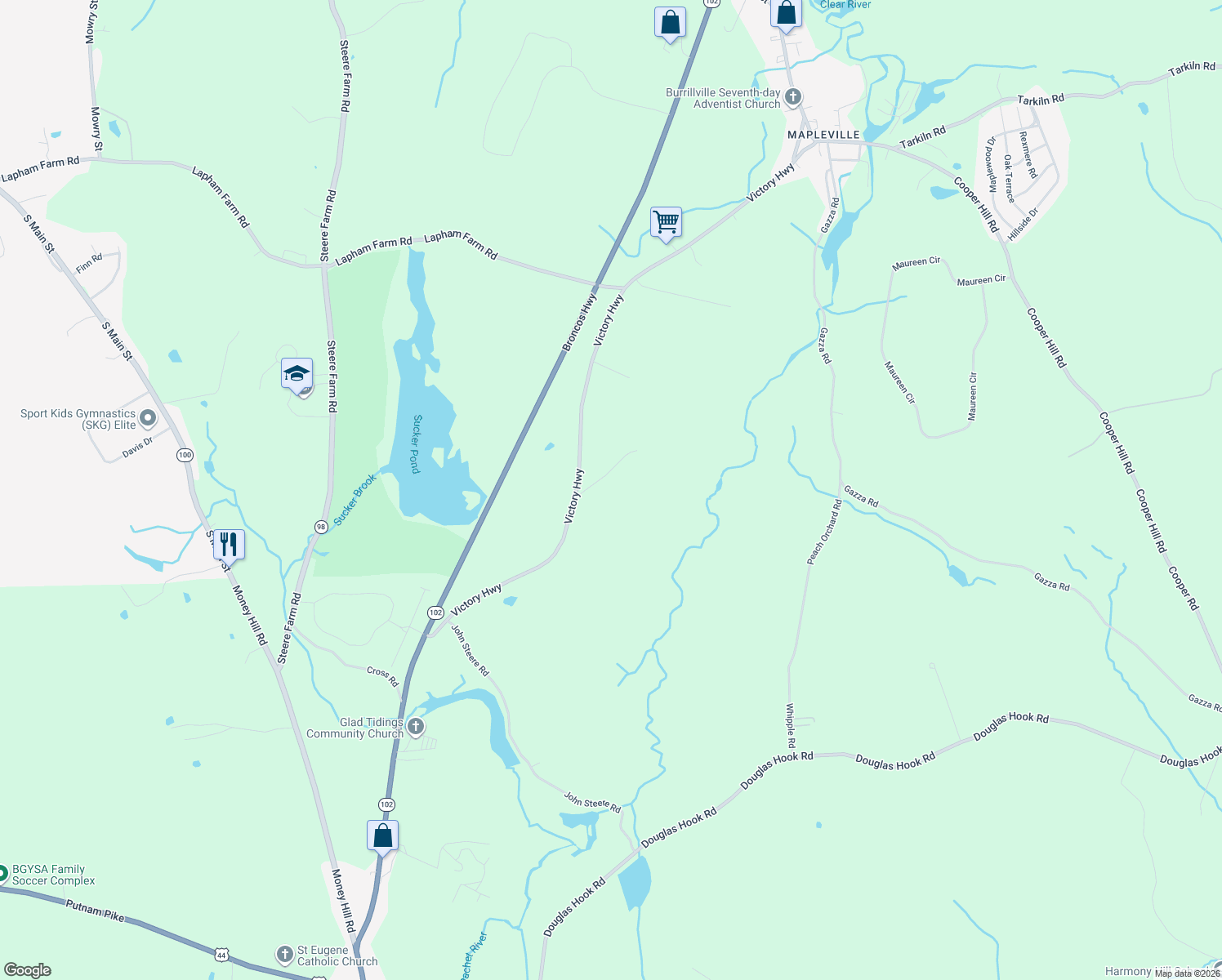 map of restaurants, bars, coffee shops, grocery stores, and more near 143 Victory Highway in Burrillville