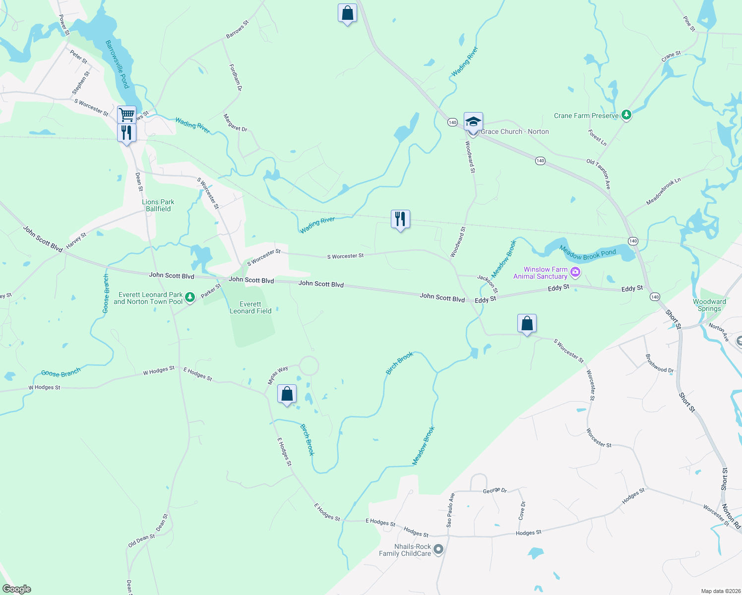 map of restaurants, bars, coffee shops, grocery stores, and more near 30 John Scott Boulevard in Taunton