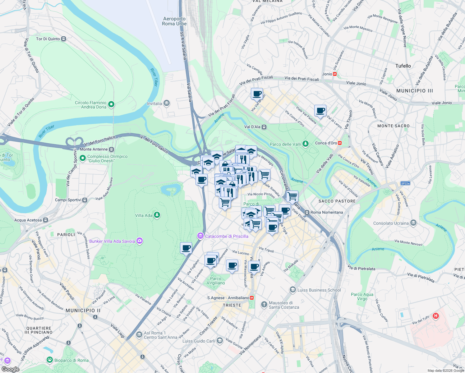 map of restaurants, bars, coffee shops, grocery stores, and more near 2 Via Sabina Fara in Rome