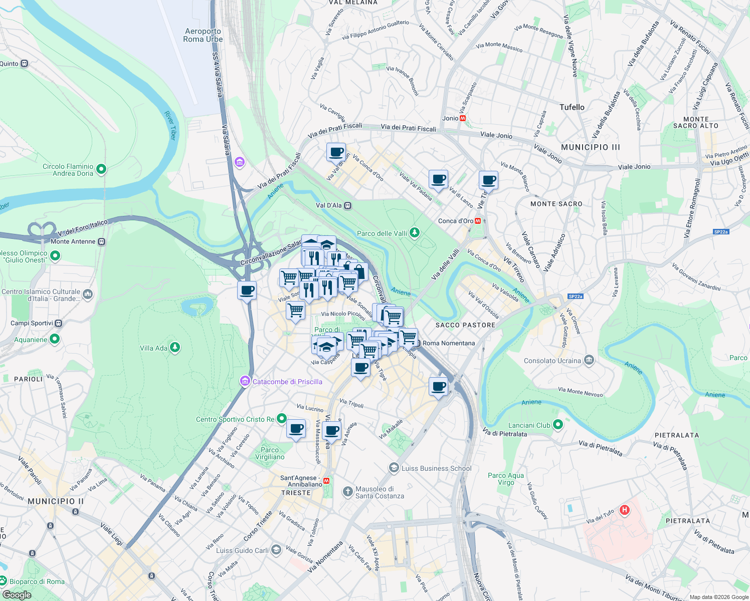 map of restaurants, bars, coffee shops, grocery stores, and more near 126 Viale Arrigo Boito in Rome