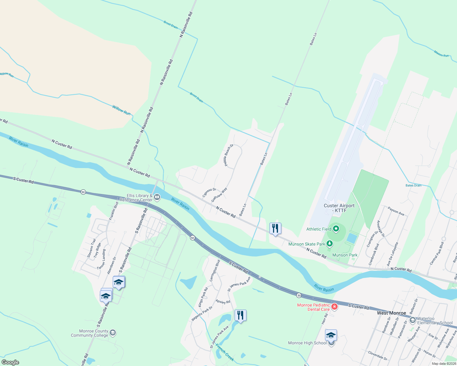 map of restaurants, bars, coffee shops, grocery stores, and more near 223 Golfview Way in Monroe