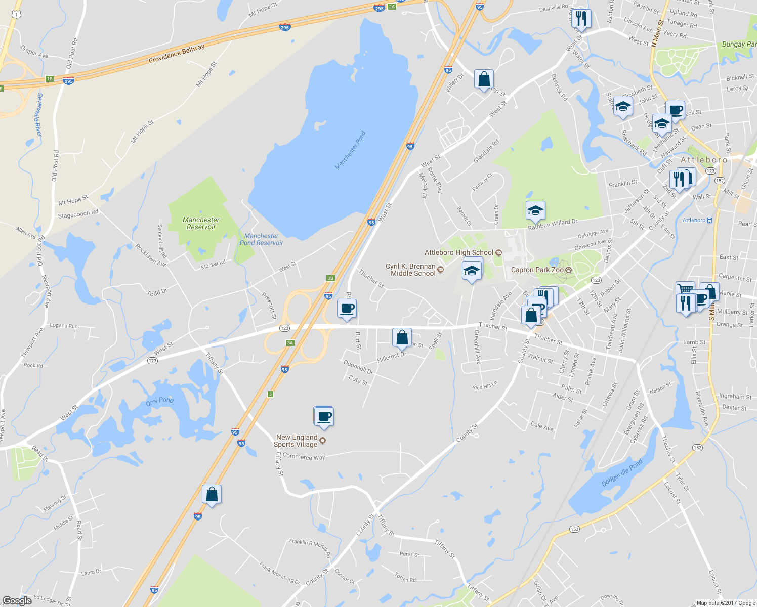 map of restaurants, bars, coffee shops, grocery stores, and more near 30 Patterson Street in Attleboro