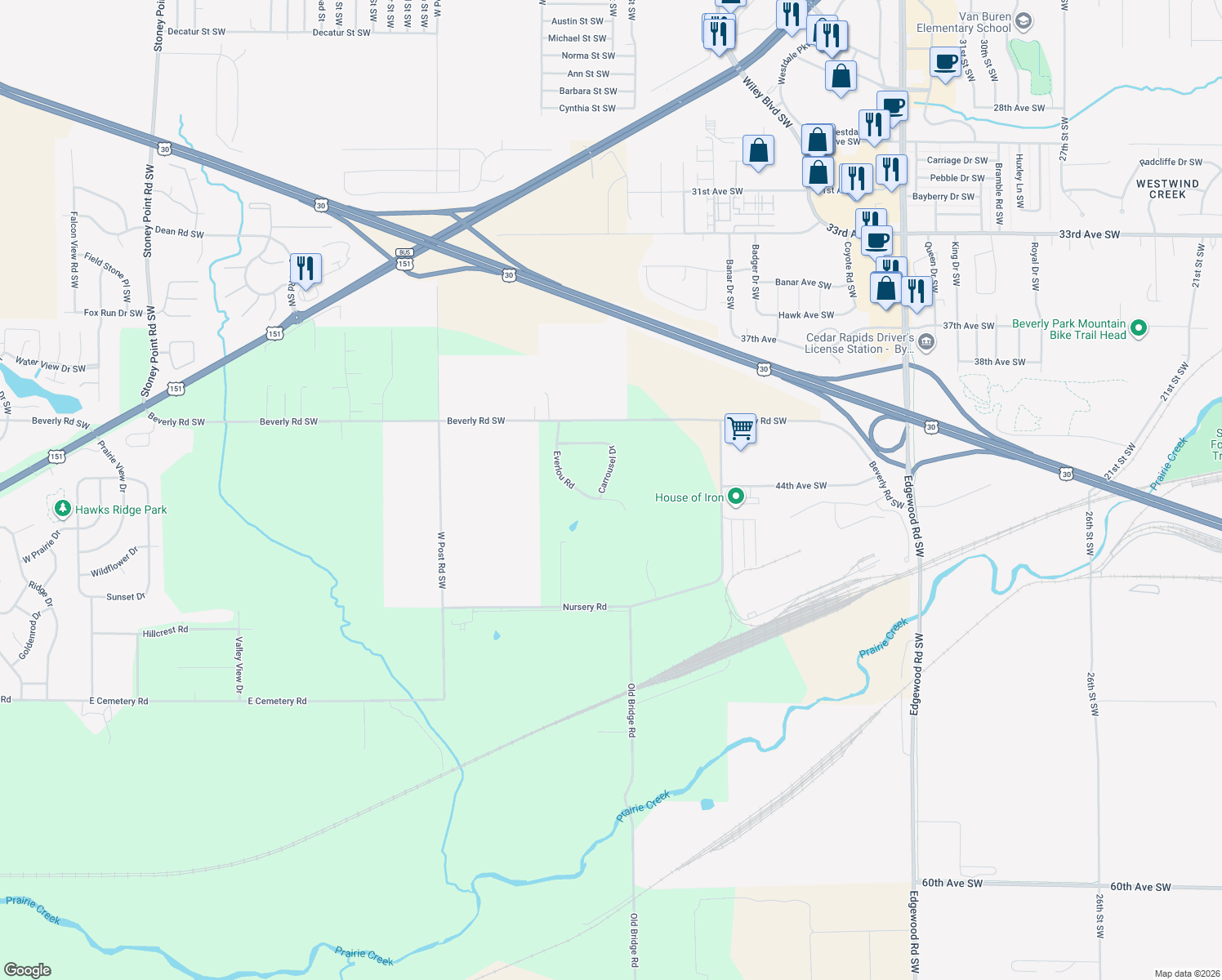 map of restaurants, bars, coffee shops, grocery stores, and more near 4811 Everlou Road in Cedar Rapids