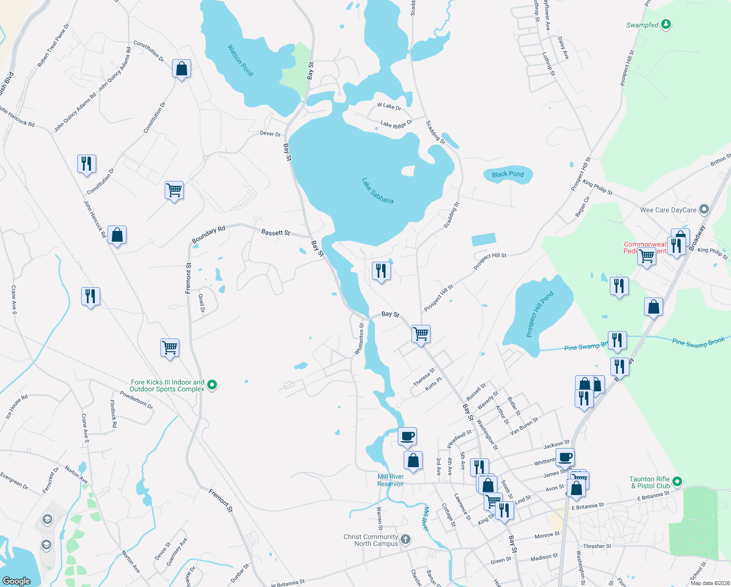 map of restaurants, bars, coffee shops, grocery stores, and more near 86 Lakeview Avenue in Taunton