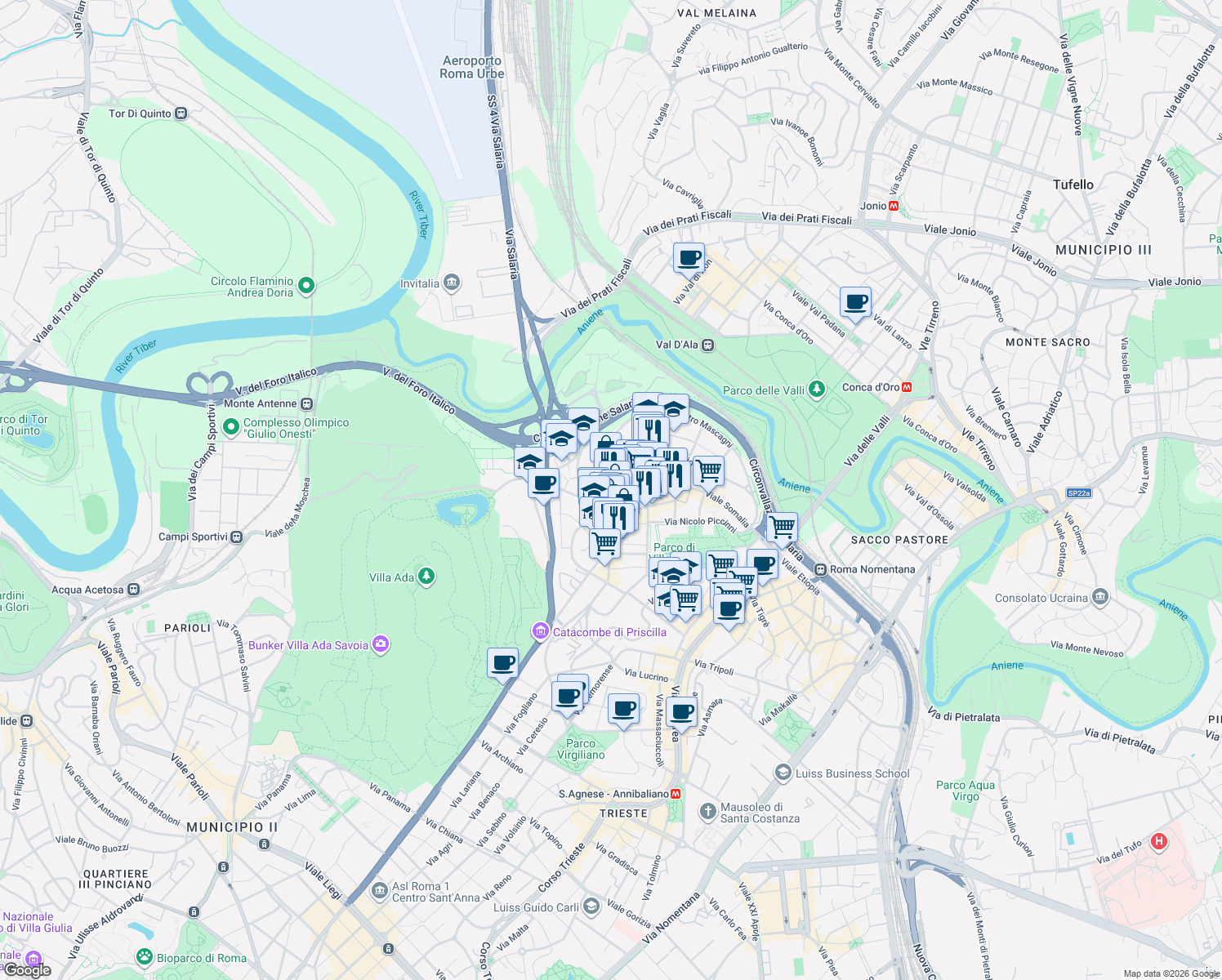 map of restaurants, bars, coffee shops, grocery stores, and more near 2 Via Sabina Fara in Rome