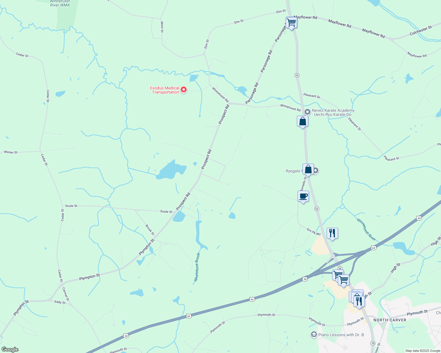 map of restaurants, bars, coffee shops, grocery stores, and more near 3 Thomas Blanchard Drive in Plympton