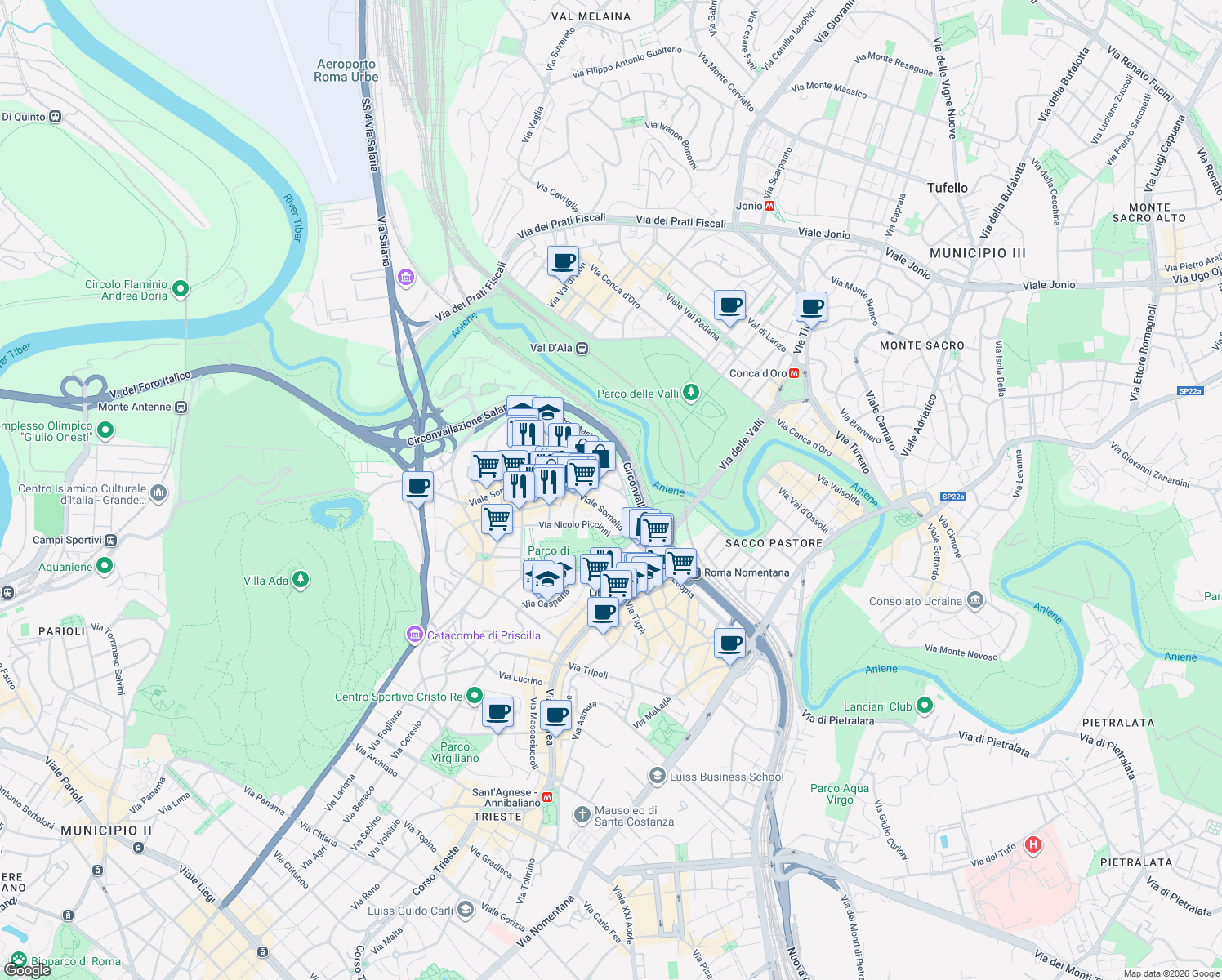 map of restaurants, bars, coffee shops, grocery stores, and more near 126 Viale Arrigo Boito in Roma