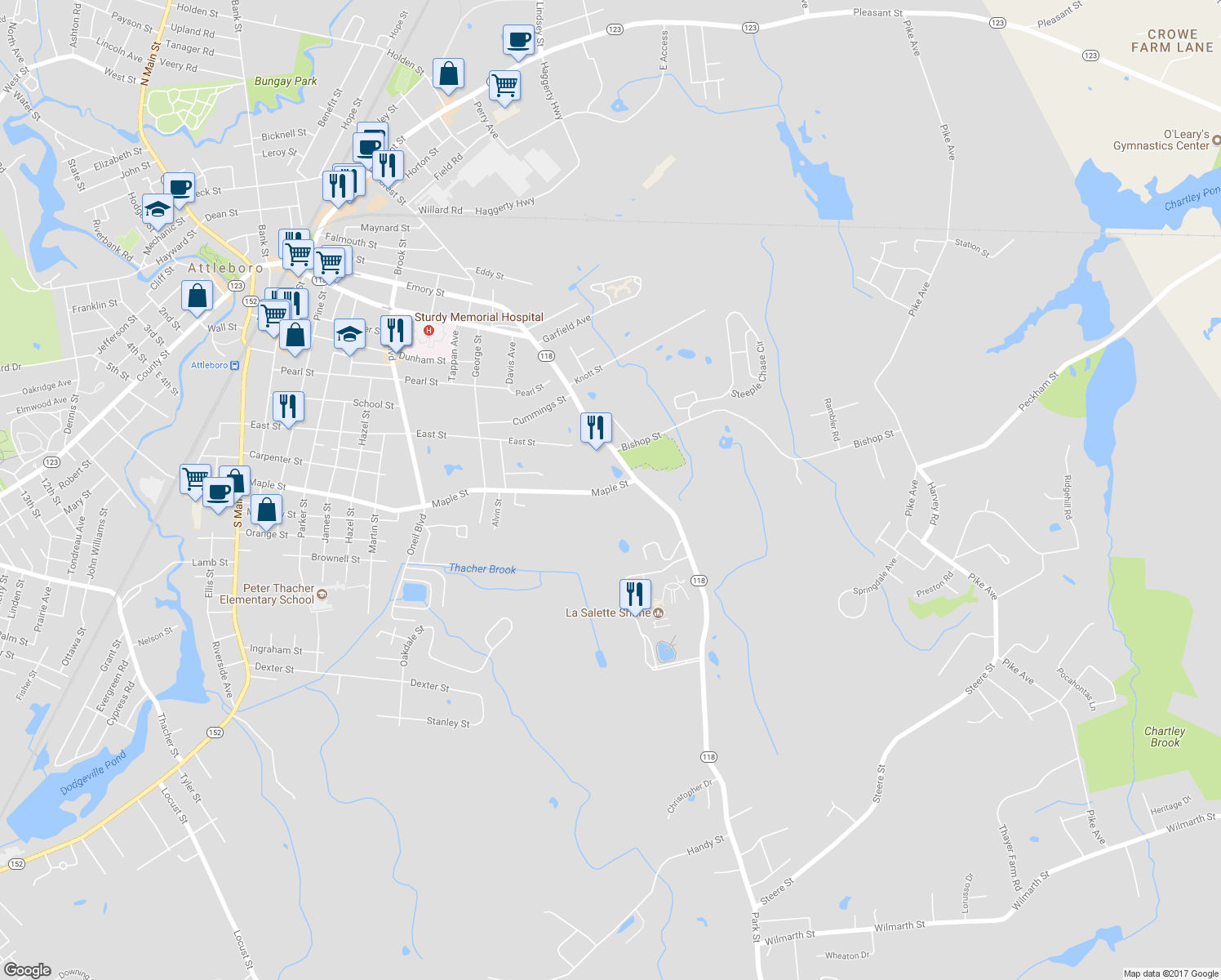 map of restaurants, bars, coffee shops, grocery stores, and more near 223 Maple Street in Attleboro