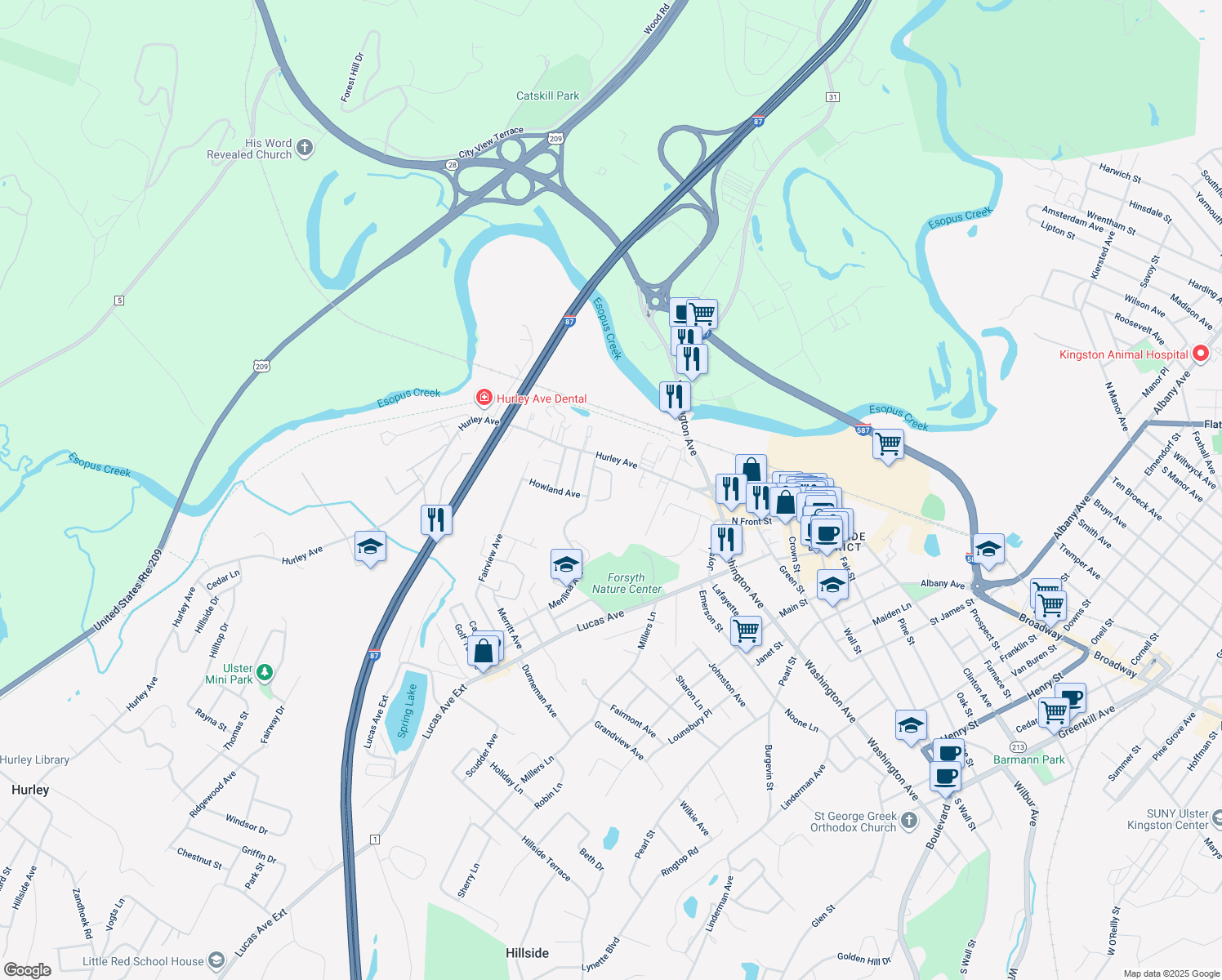 map of restaurants, bars, coffee shops, grocery stores, and more near Tindale Pl in Kingston