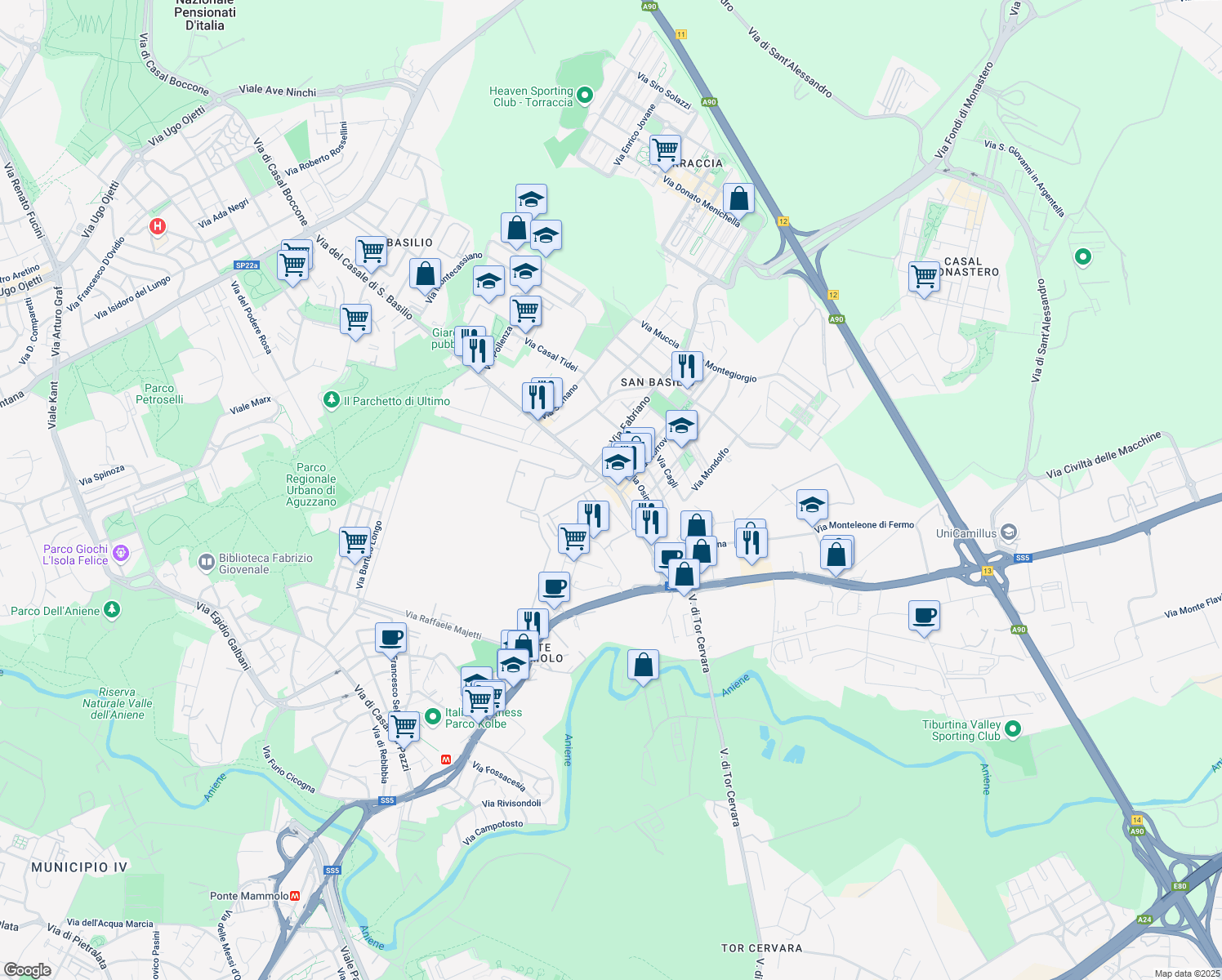 map of restaurants, bars, coffee shops, grocery stores, and more near 4-12 Via Recanati in Rome