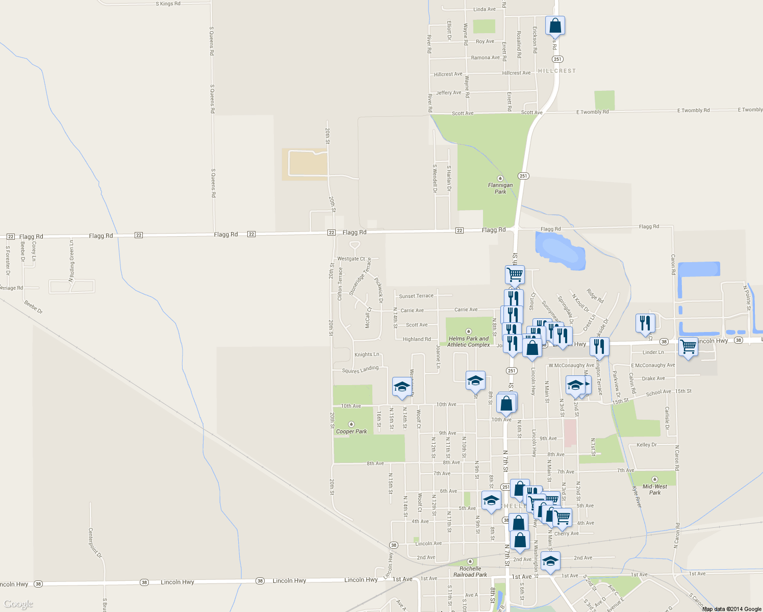 map of restaurants, bars, coffee shops, grocery stores, and more near 1213 Pickwick Drive in Rochelle