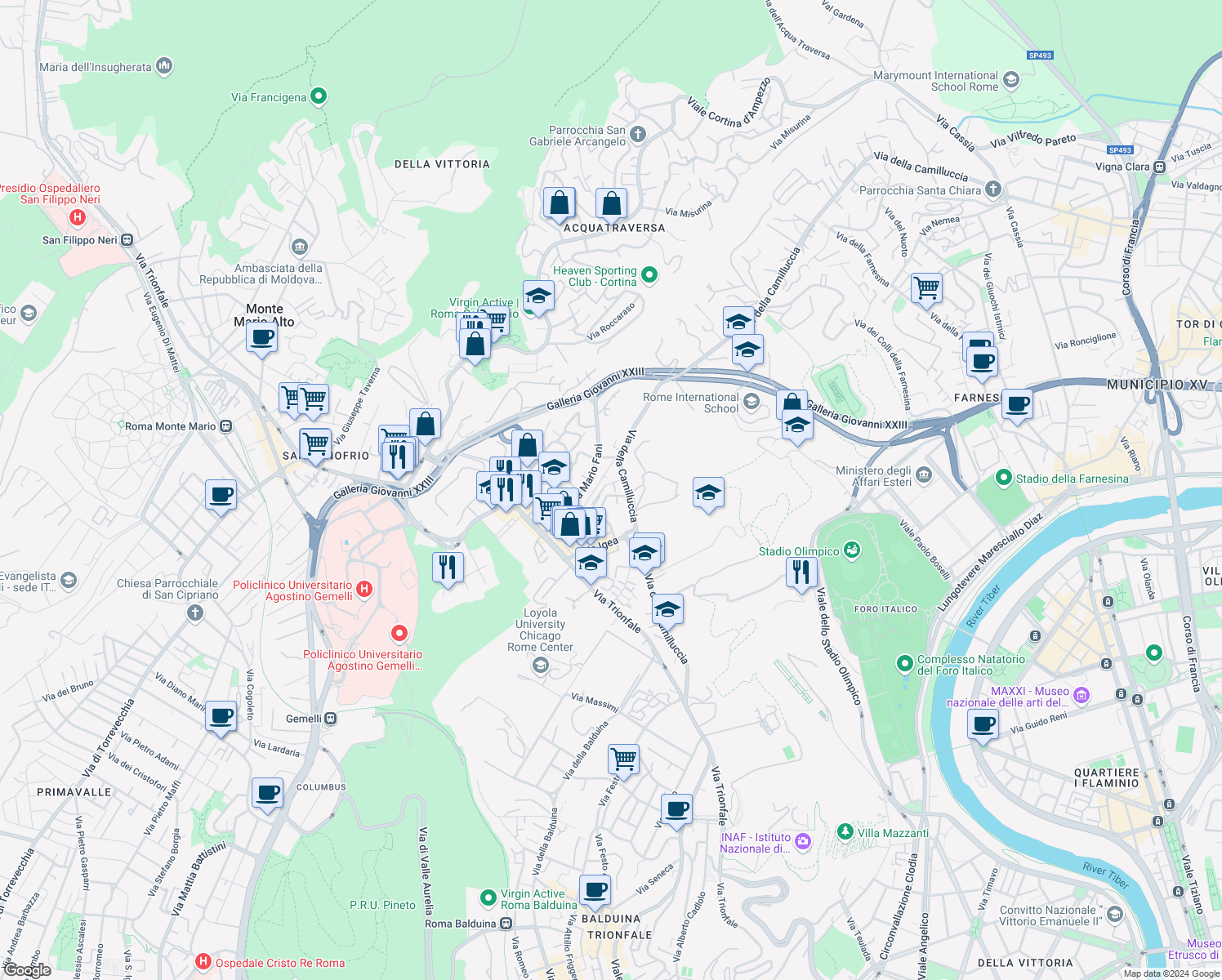 map of restaurants, bars, coffee shops, grocery stores, and more near 4 Via Angelina Marsciano in Roma
