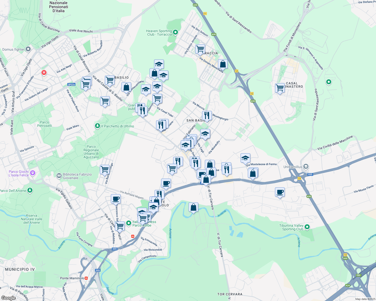 map of restaurants, bars, coffee shops, grocery stores, and more near 12 Via Recanati in Roma