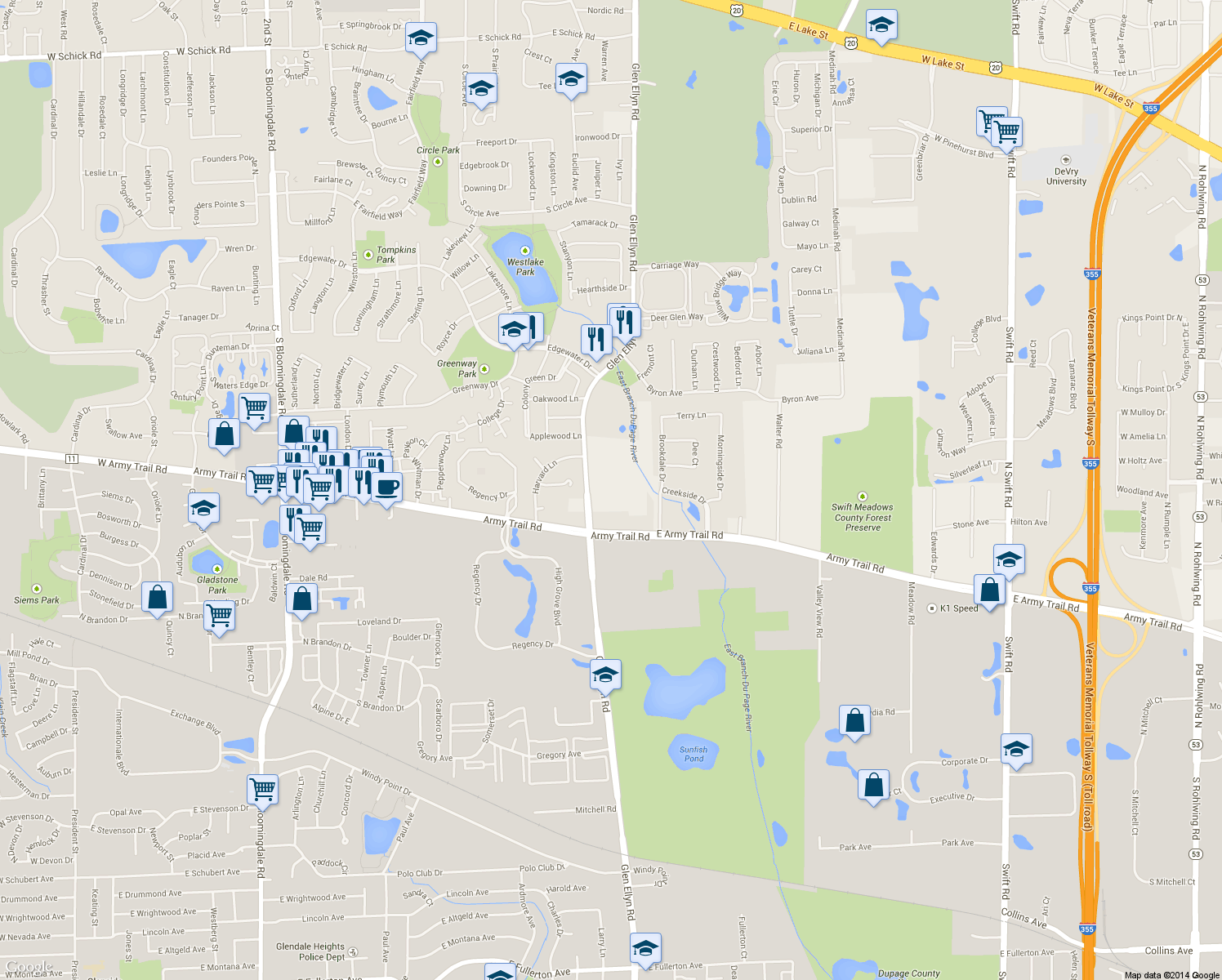 map of restaurants, bars, coffee shops, grocery stores, and more near 4N229 Glen Ellyn Road in Bloomingdale