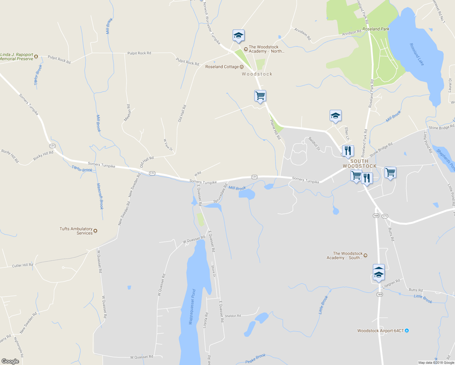 map of restaurants, bars, coffee shops, grocery stores, and more near 6 Sprucedale Road in Woodstock