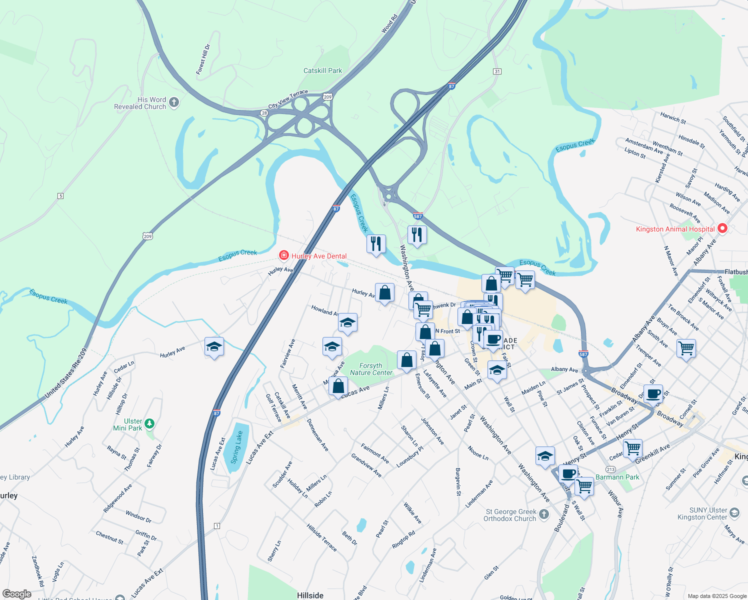 map of restaurants, bars, coffee shops, grocery stores, and more near 98 Hurley Avenue in Kingston