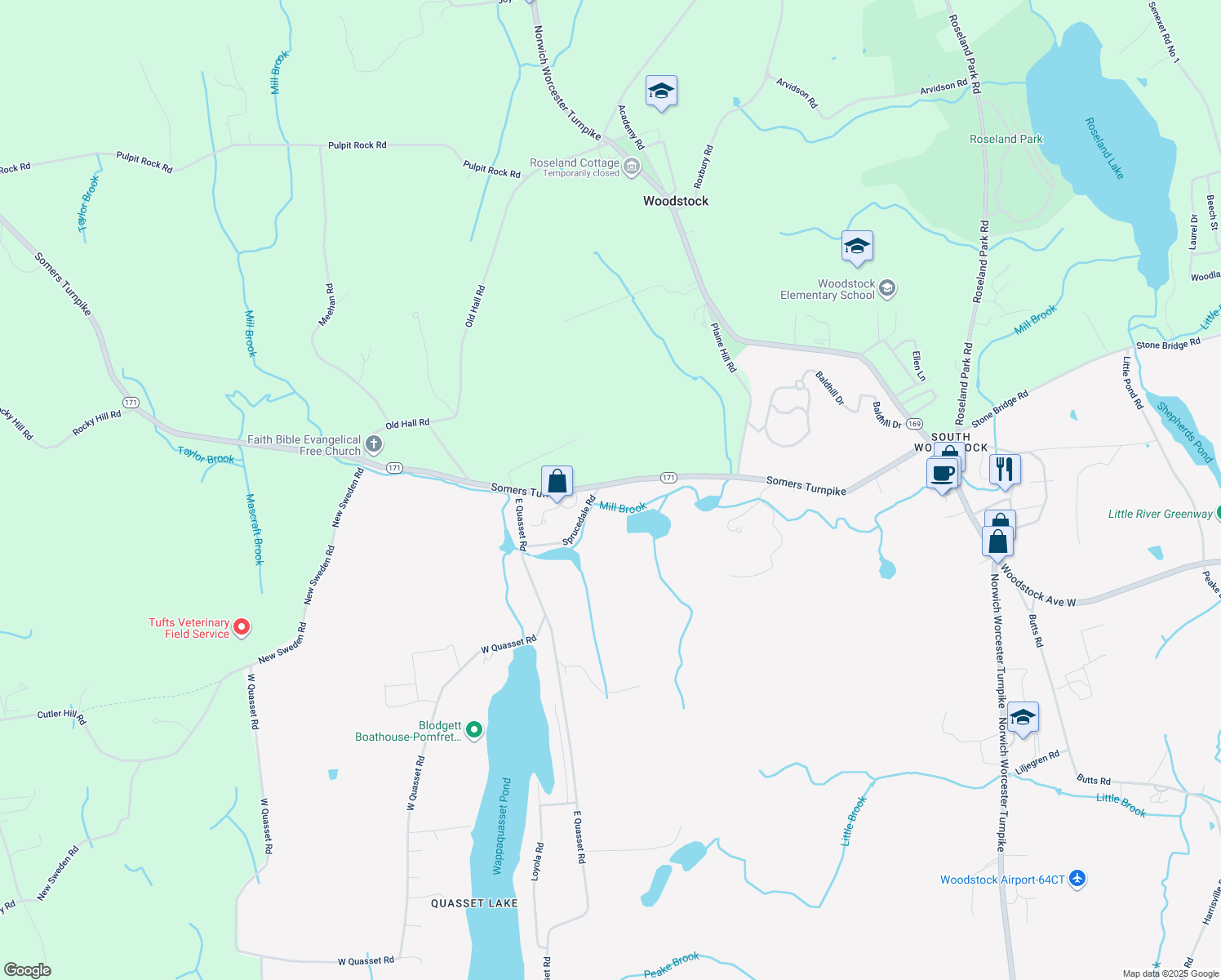 map of restaurants, bars, coffee shops, grocery stores, and more near 444 Connecticut 171 in Woodstock
