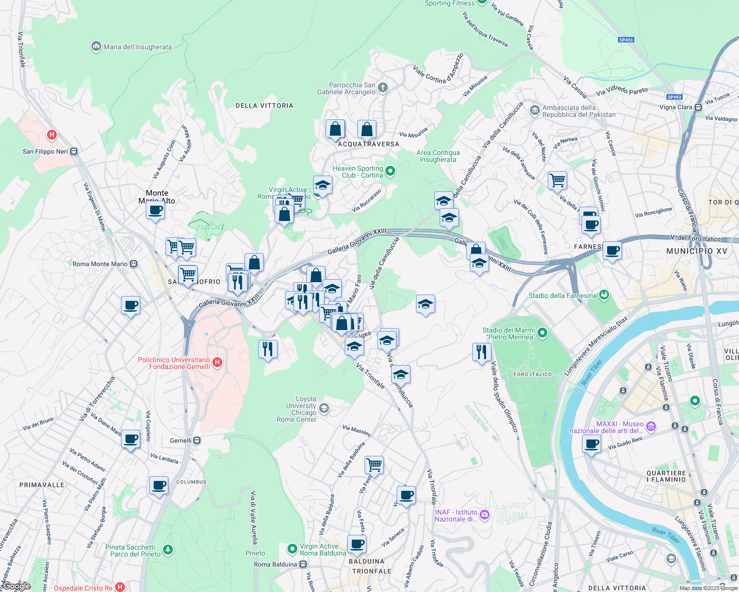 map of restaurants, bars, coffee shops, grocery stores, and more near 4 Via Angelina Marsciano in Roma