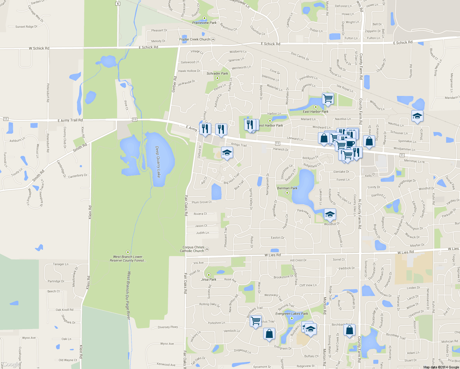 map of restaurants, bars, coffee shops, grocery stores, and more near 1340 Big Horn Trail in Carol Stream