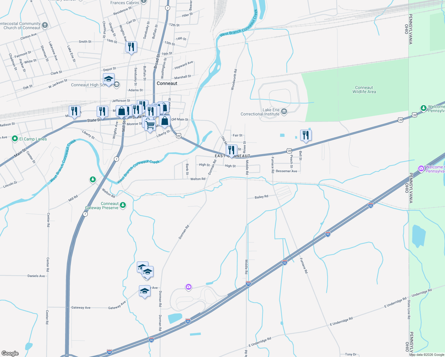 map of restaurants, bars, coffee shops, grocery stores, and more near 436 Dorman Rd in Conneaut