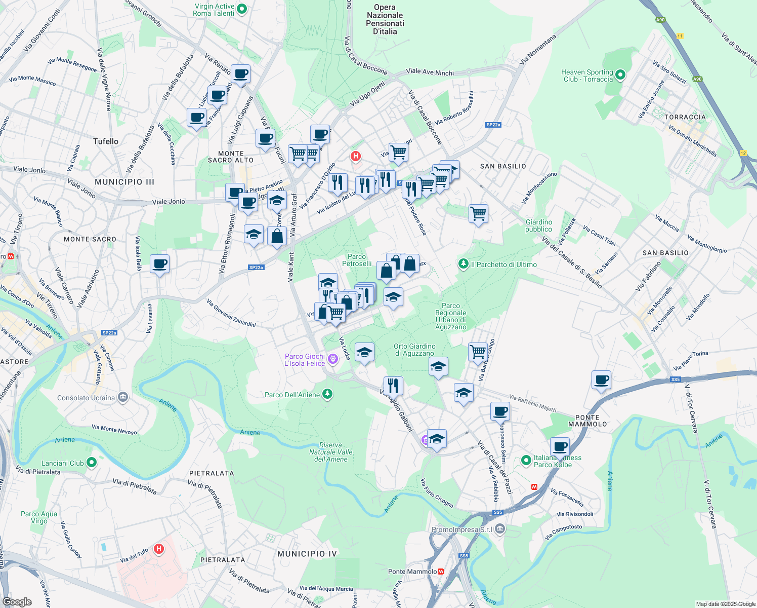 map of restaurants, bars, coffee shops, grocery stores, and more near 202 Piazzale Hegel in Roma