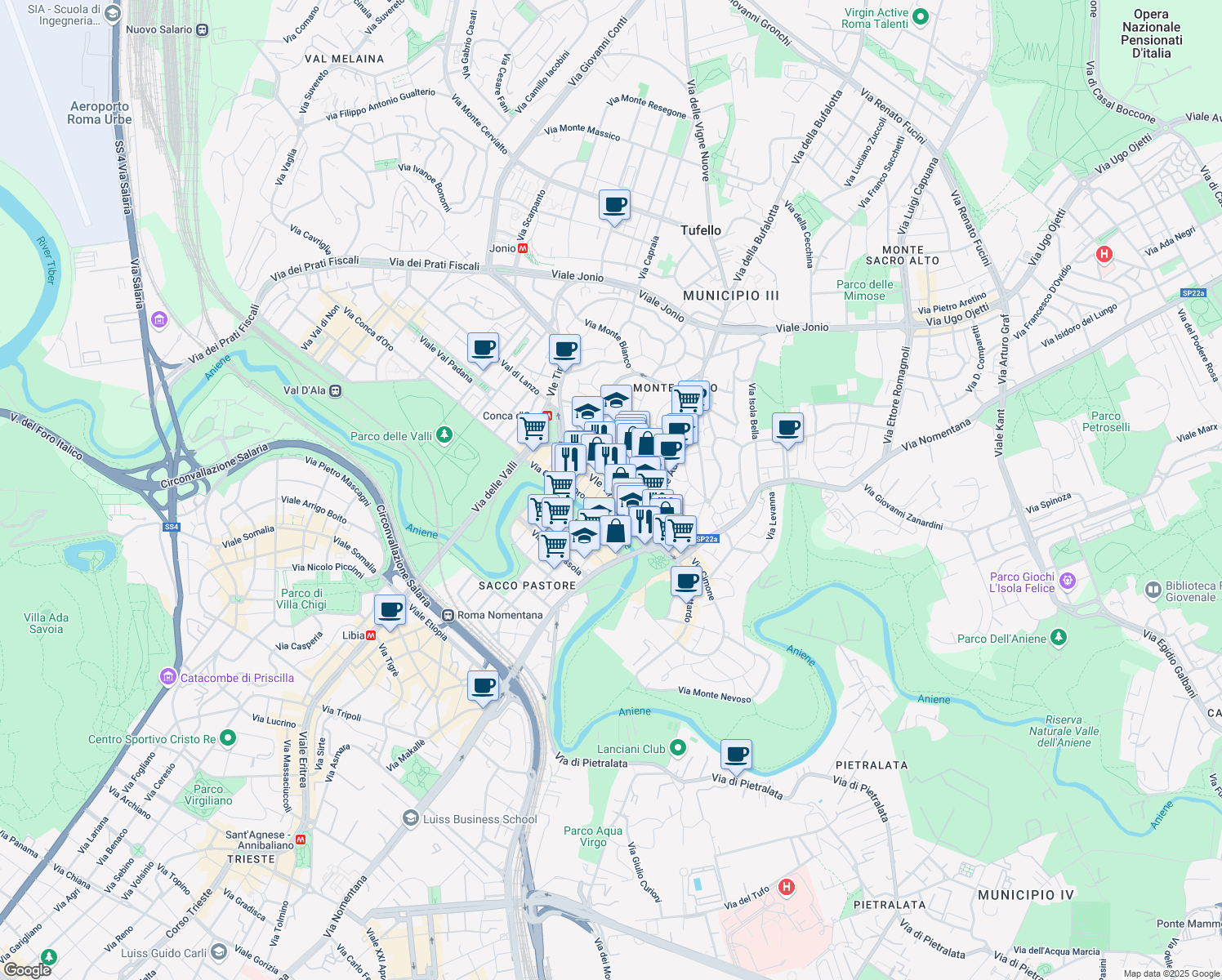 map of restaurants, bars, coffee shops, grocery stores, and more near 44 Viale Tirreno in Rome