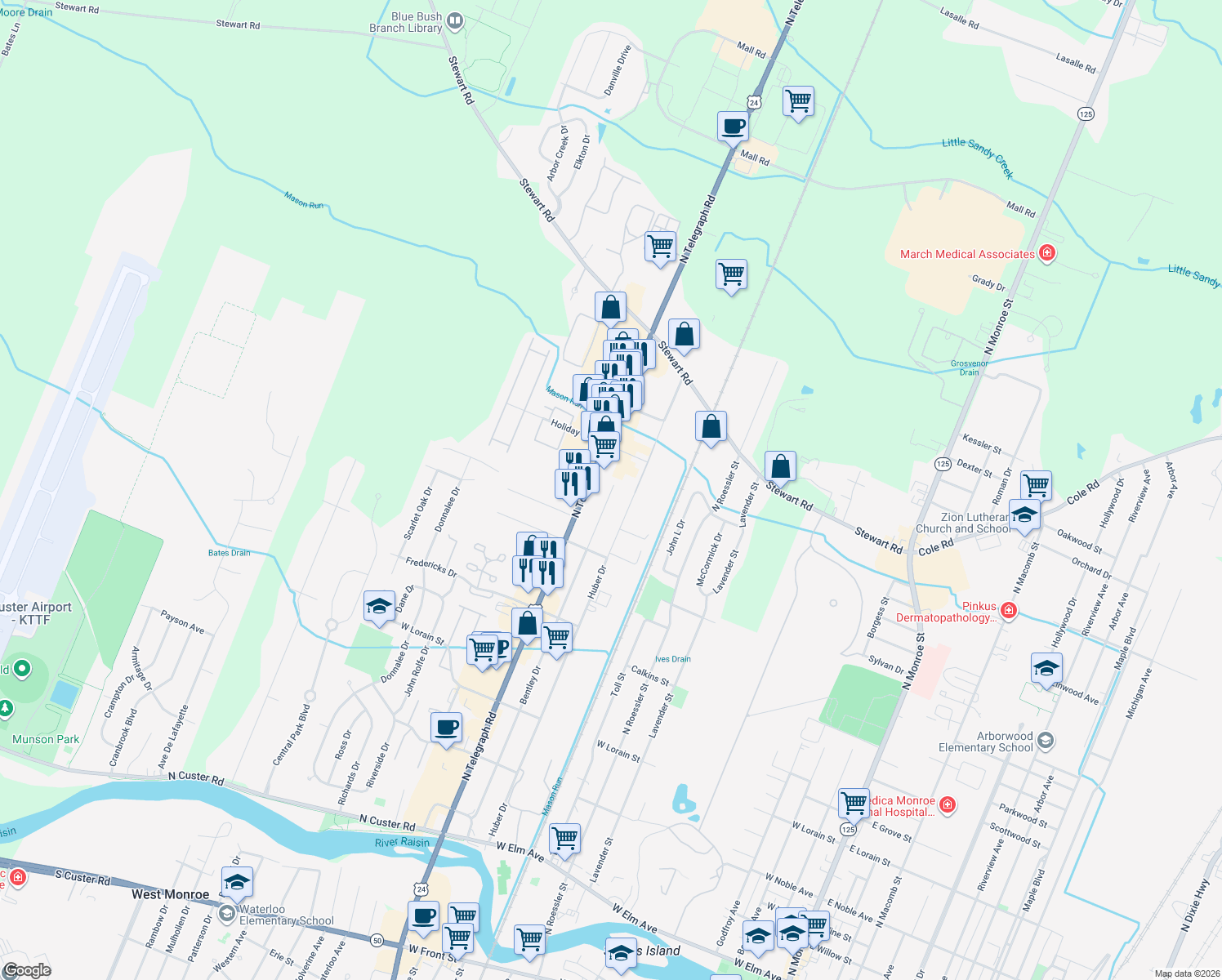 map of restaurants, bars, coffee shops, grocery stores, and more near 1253 Bentley Drive in Monroe