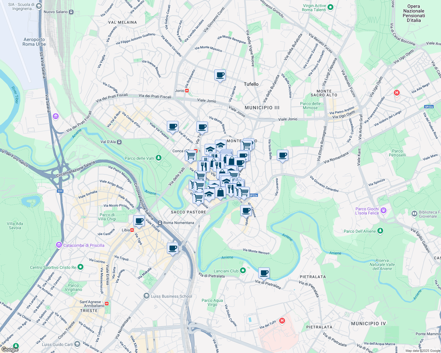 map of restaurants, bars, coffee shops, grocery stores, and more near 44 Viale Tirreno in Rome