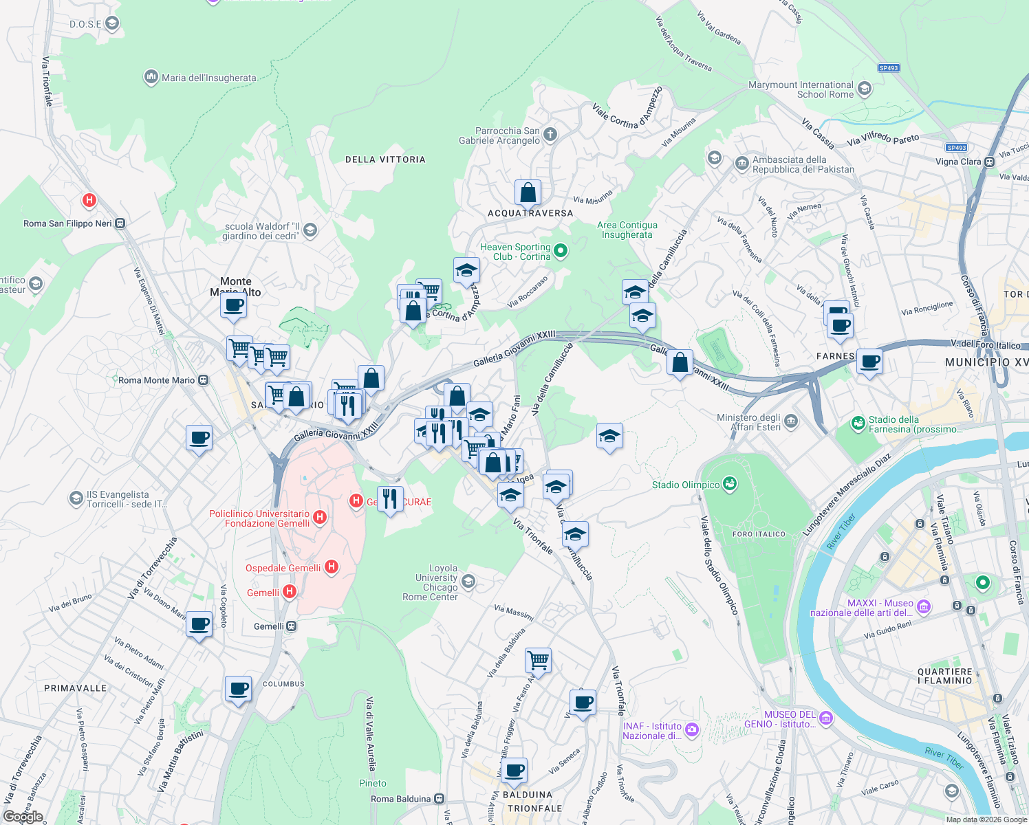 map of restaurants, bars, coffee shops, grocery stores, and more near 83 Via Mario Fani in Rome