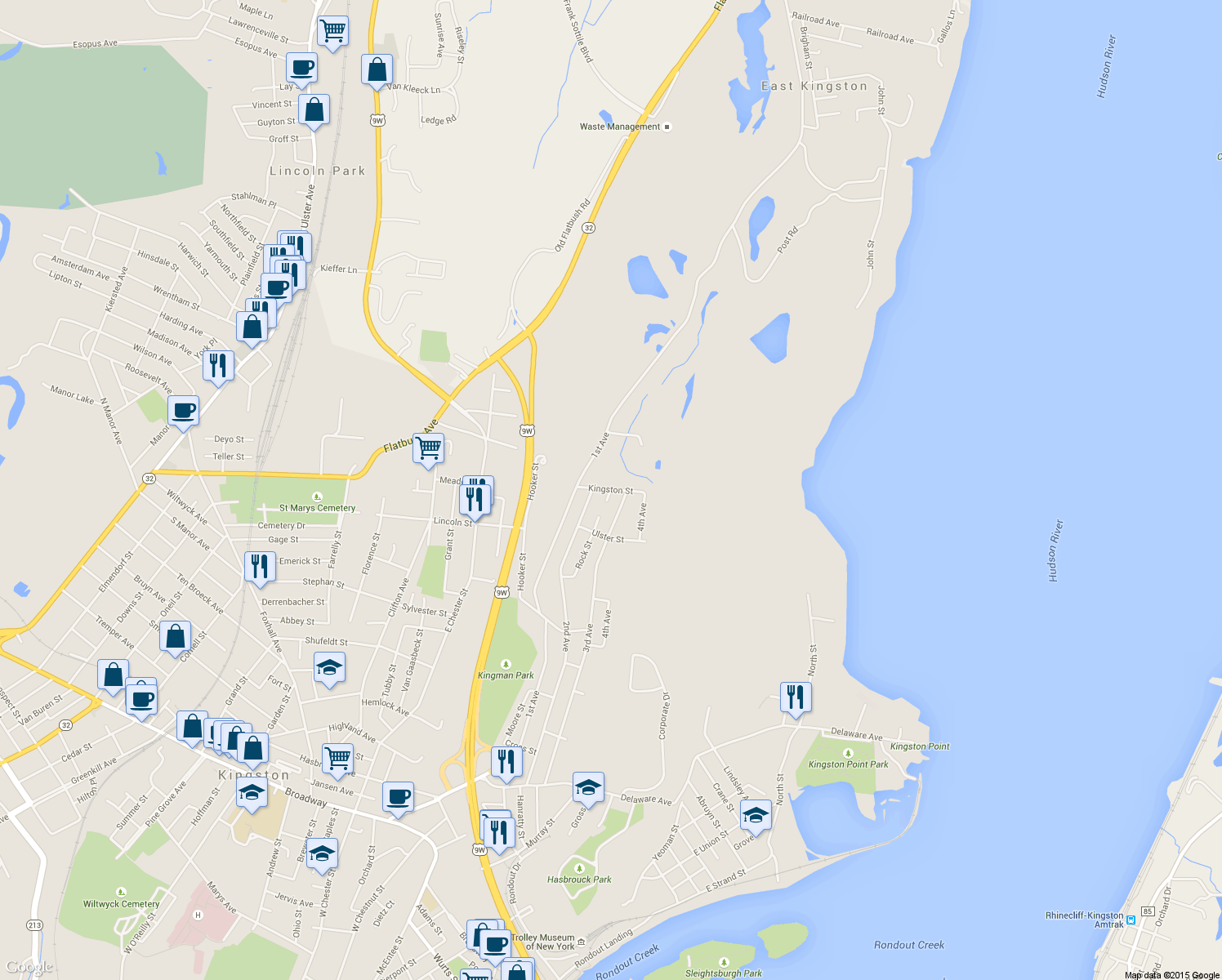 map of restaurants, bars, coffee shops, grocery stores, and more near Kingston St in Kingston