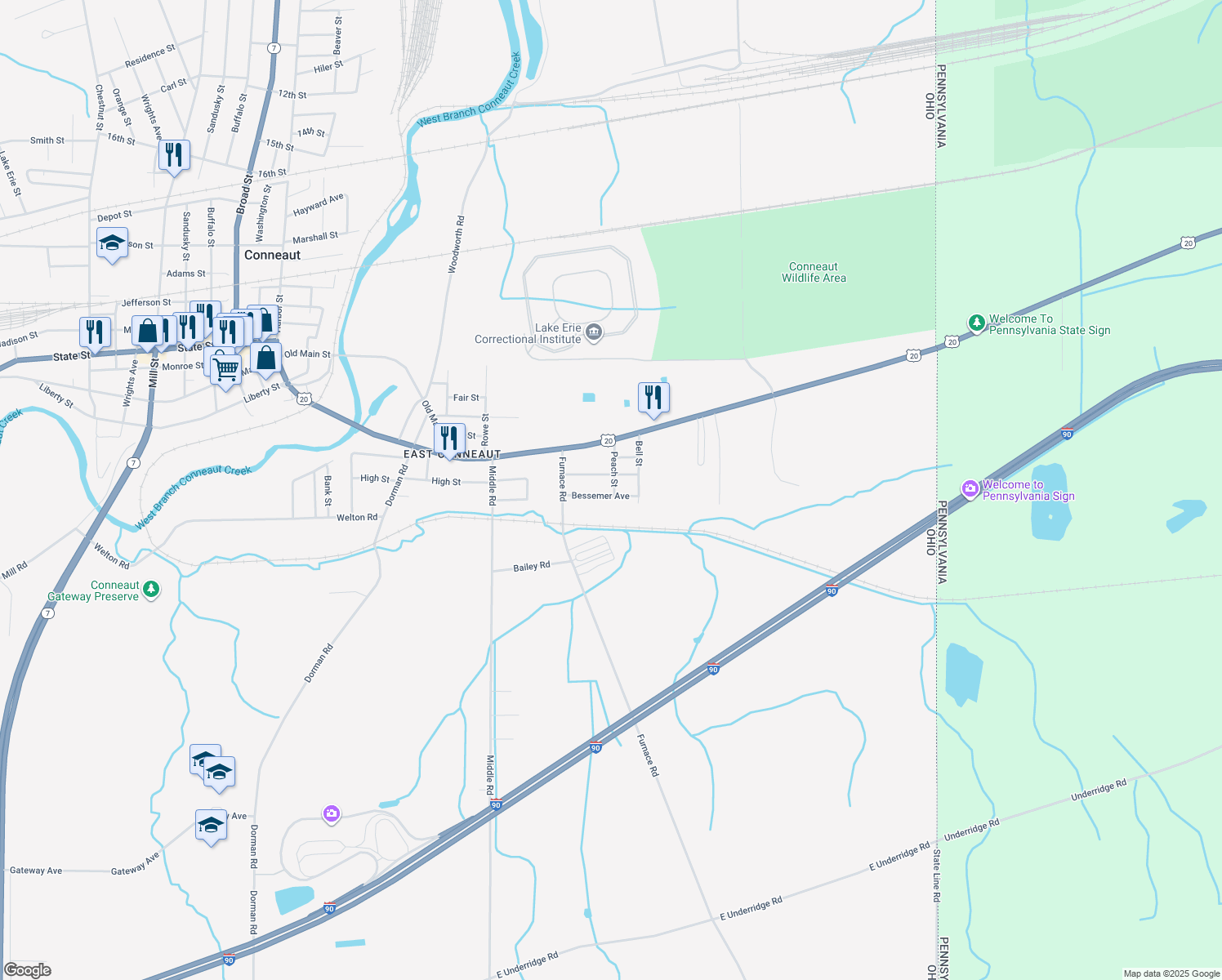 map of restaurants, bars, coffee shops, grocery stores, and more near 348 Bessemer Ave in Conneaut