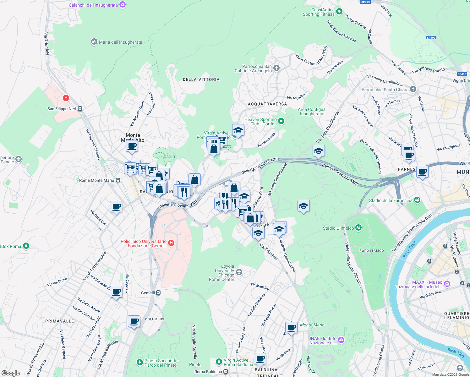 map of restaurants, bars, coffee shops, grocery stores, and more near 13 Via Menaggio in Roma