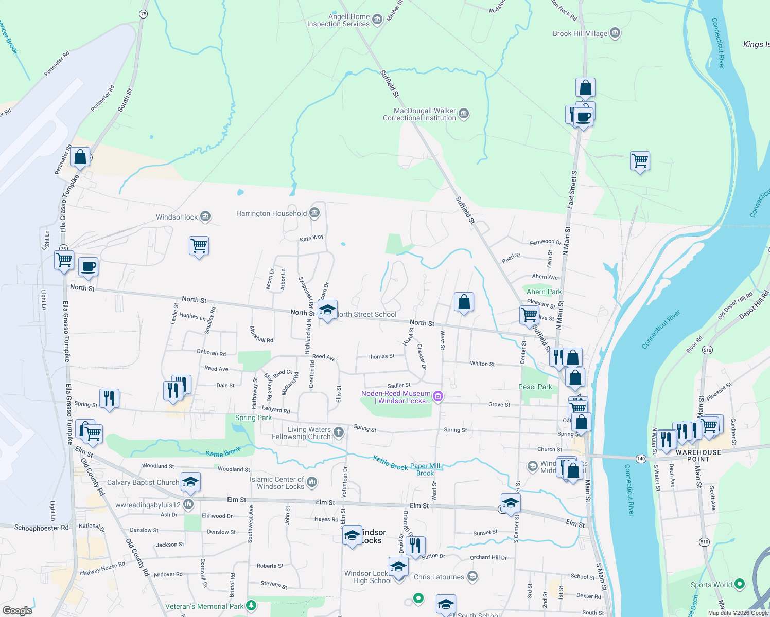 map of restaurants, bars, coffee shops, grocery stores, and more near 0 Chapman Chase in Windsor Locks