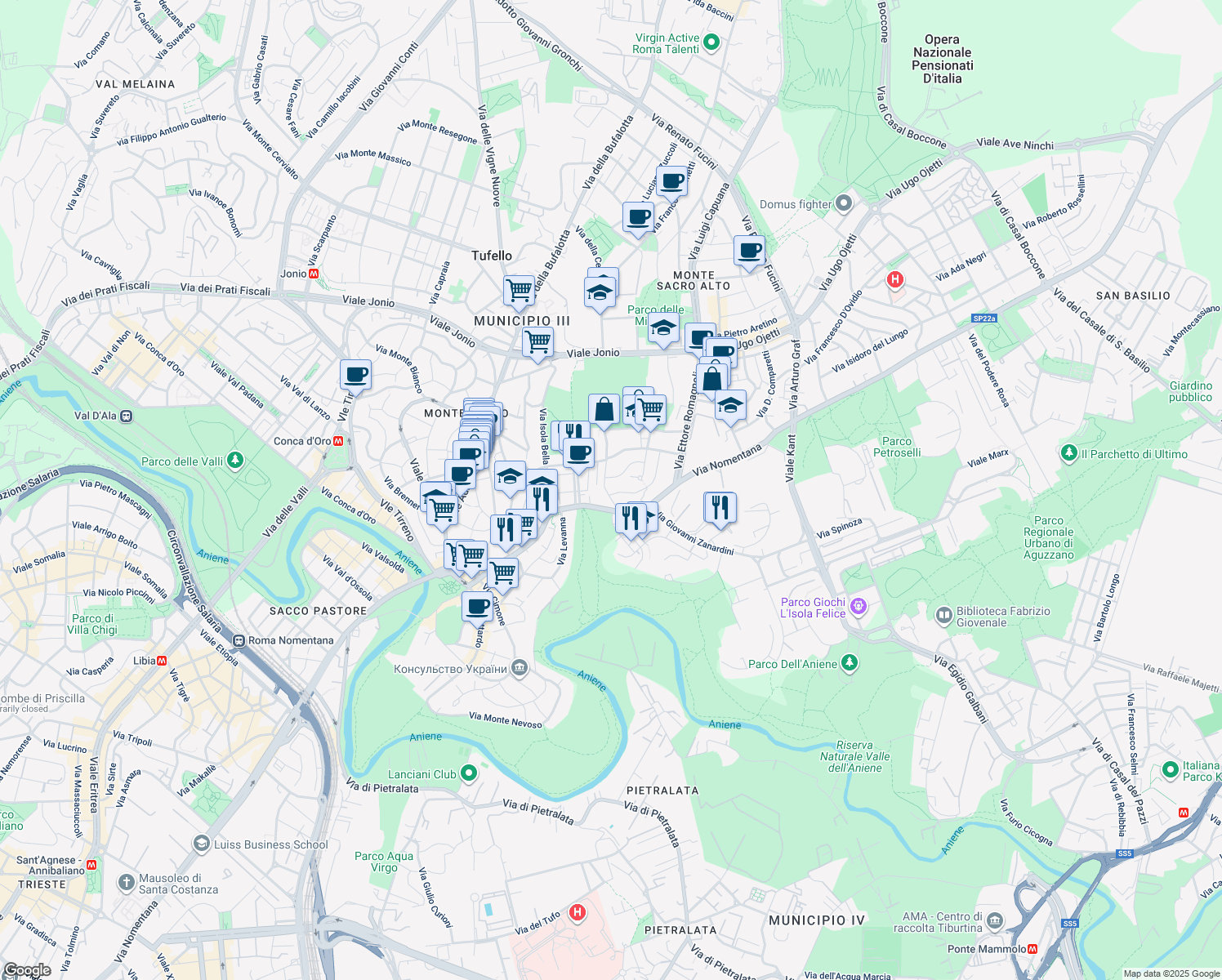 map of restaurants, bars, coffee shops, grocery stores, and more near 20 Via Emilio de Marchi in Roma