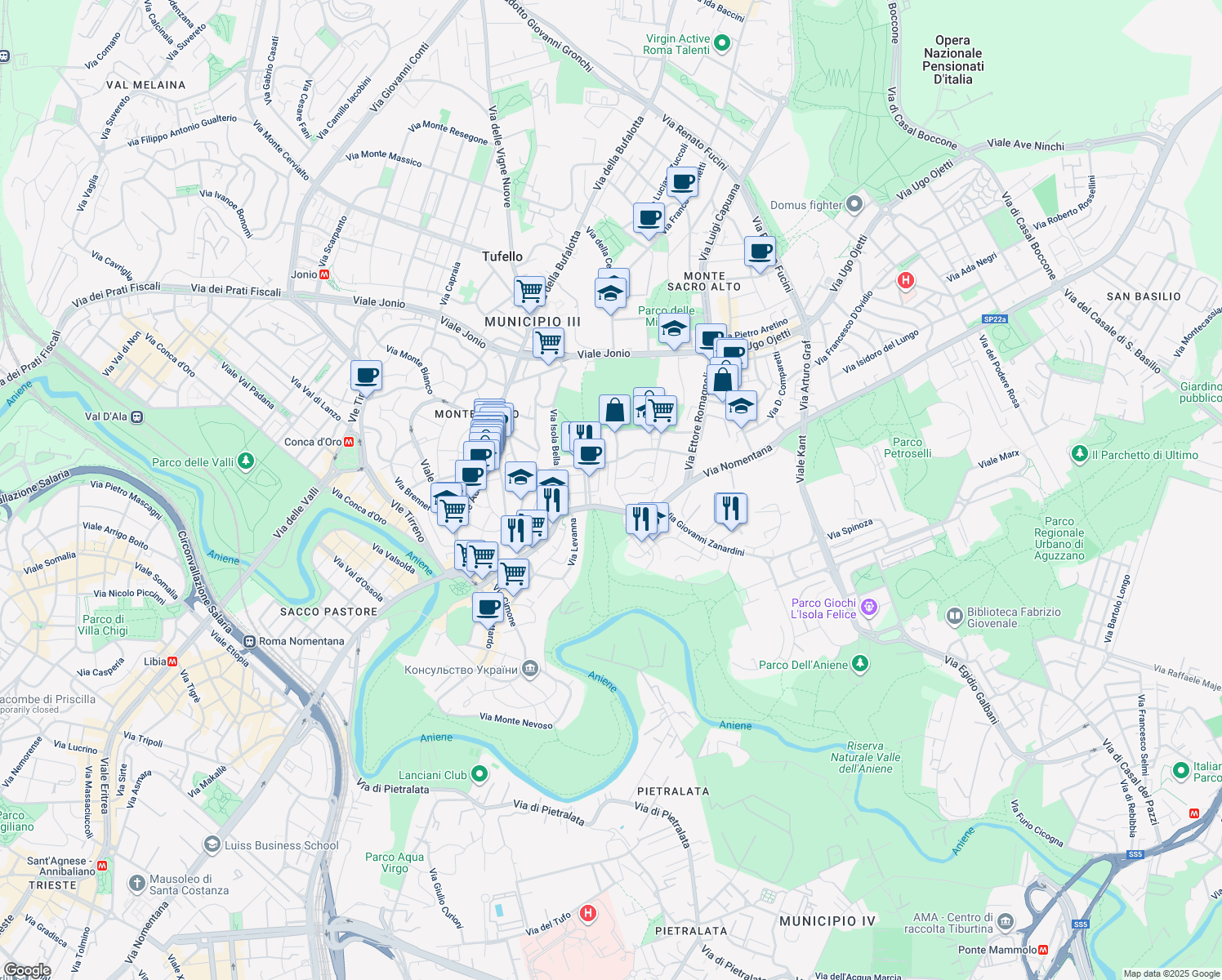 map of restaurants, bars, coffee shops, grocery stores, and more near 20 Via Emilio de Marchi in Roma