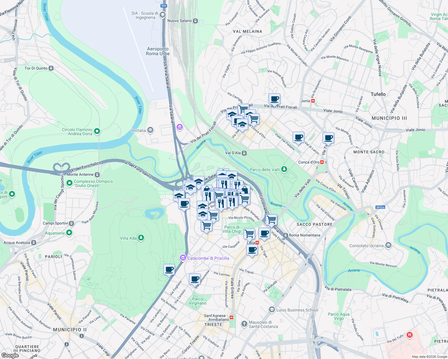 map of restaurants, bars, coffee shops, grocery stores, and more near 104 Via Luigi Mancinelli in Roma