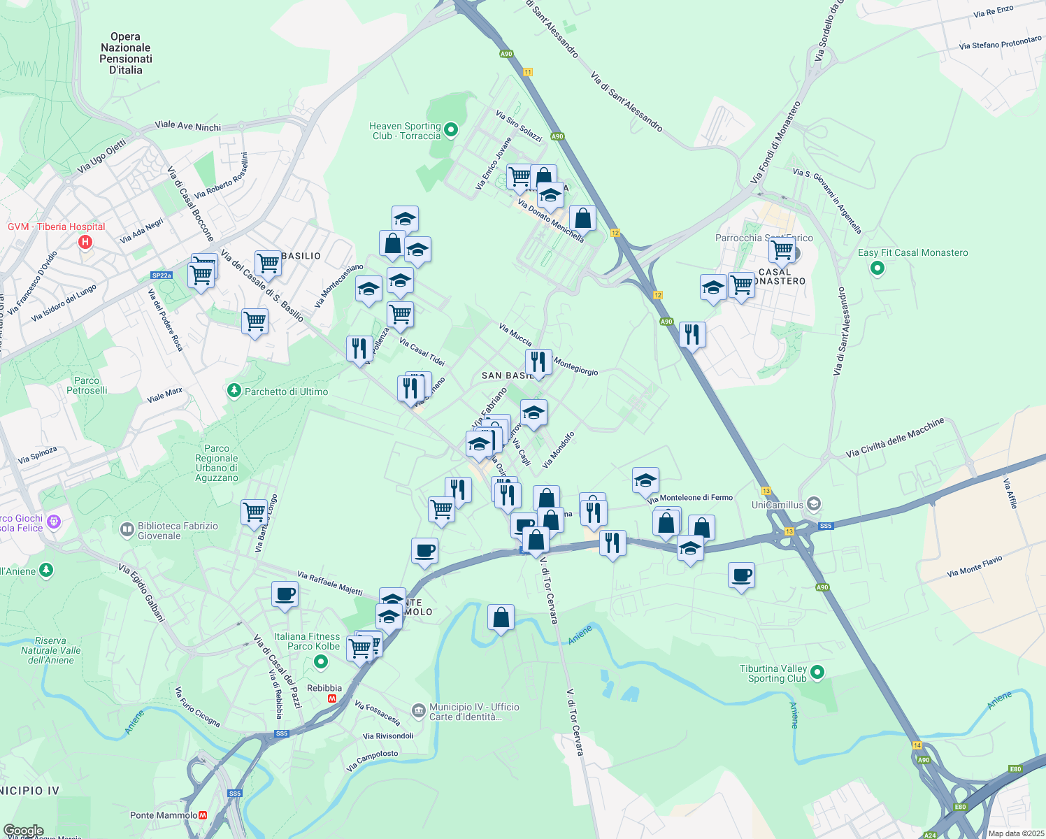 map of restaurants, bars, coffee shops, grocery stores, and more near Via Morrovalle in Rome