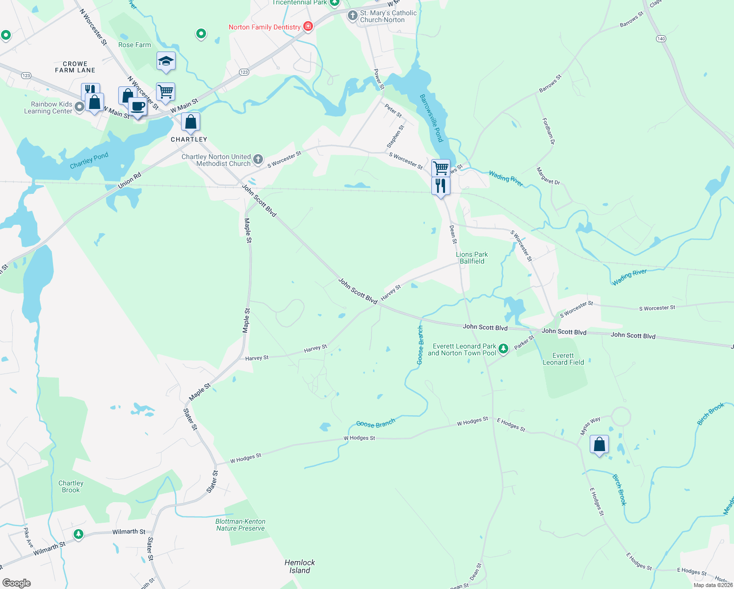 map of restaurants, bars, coffee shops, grocery stores, and more near 169 John Scott Boulevard in Taunton