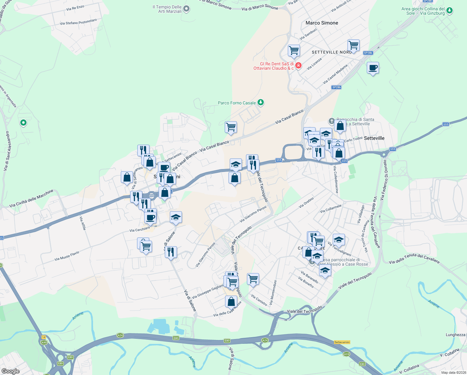 map of restaurants, bars, coffee shops, grocery stores, and more near 16 Via della Sibilla Tiburtina in Roma