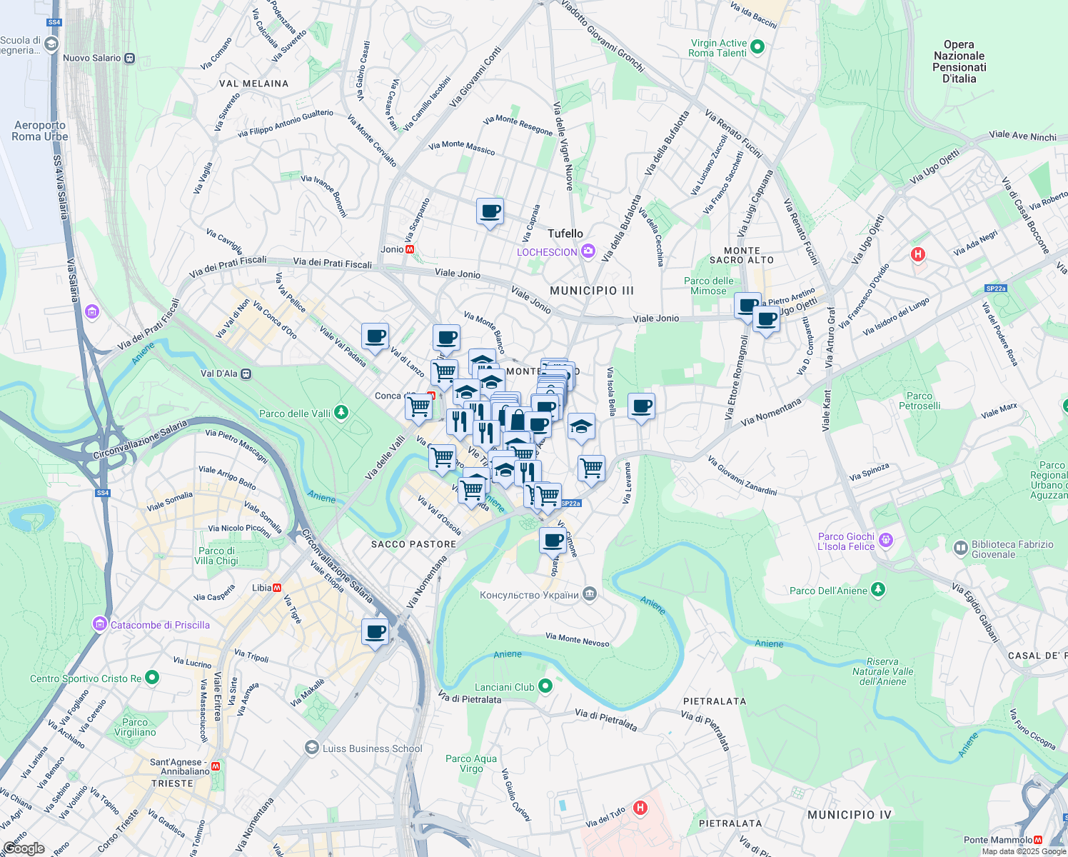 map of restaurants, bars, coffee shops, grocery stores, and more near 6 Via Peralba in Roma