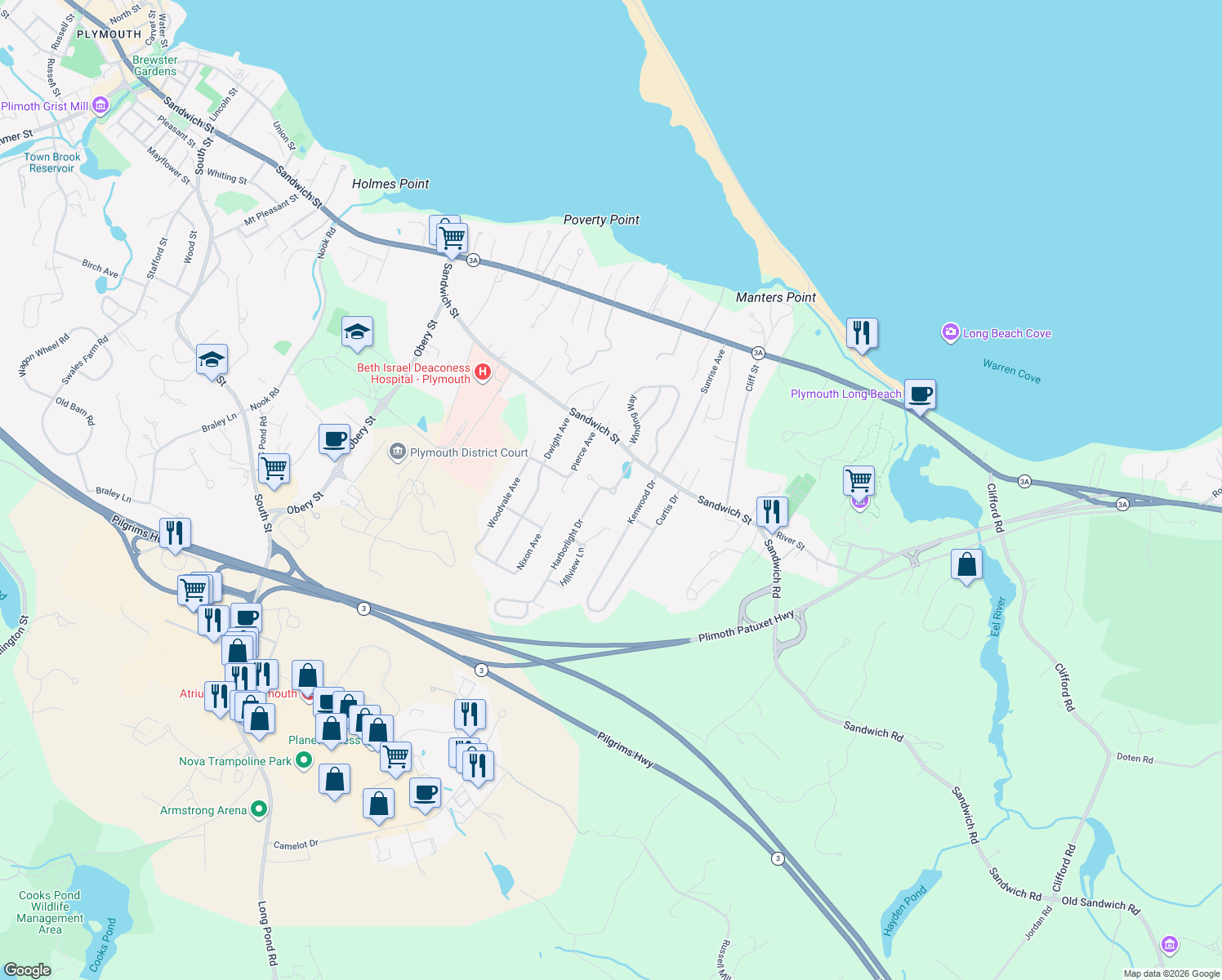 map of restaurants, bars, coffee shops, grocery stores, and more near 22 East Bay Lane in Plymouth
