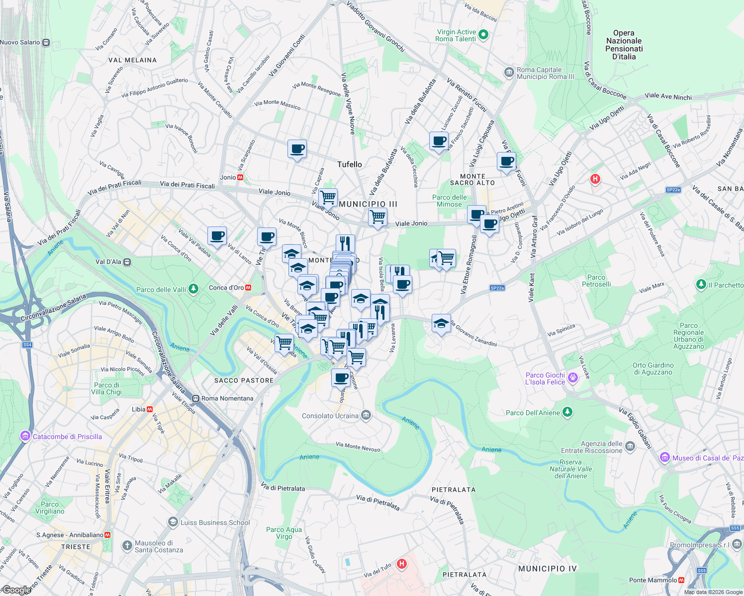 map of restaurants, bars, coffee shops, grocery stores, and more near 35 Via Montasio in Rome